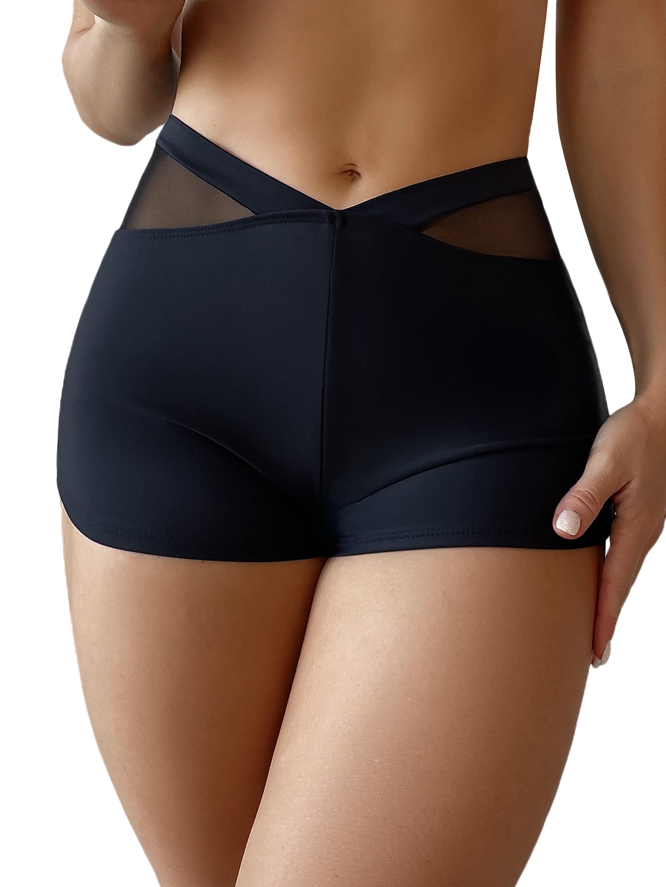 SheIn Women's High Waisted Ruched Mesh Swim Shorts - Solid Color Swimwear Bottoms for Beach, Pool & Vacation | Quick Dry Comfortable Swim Briefs