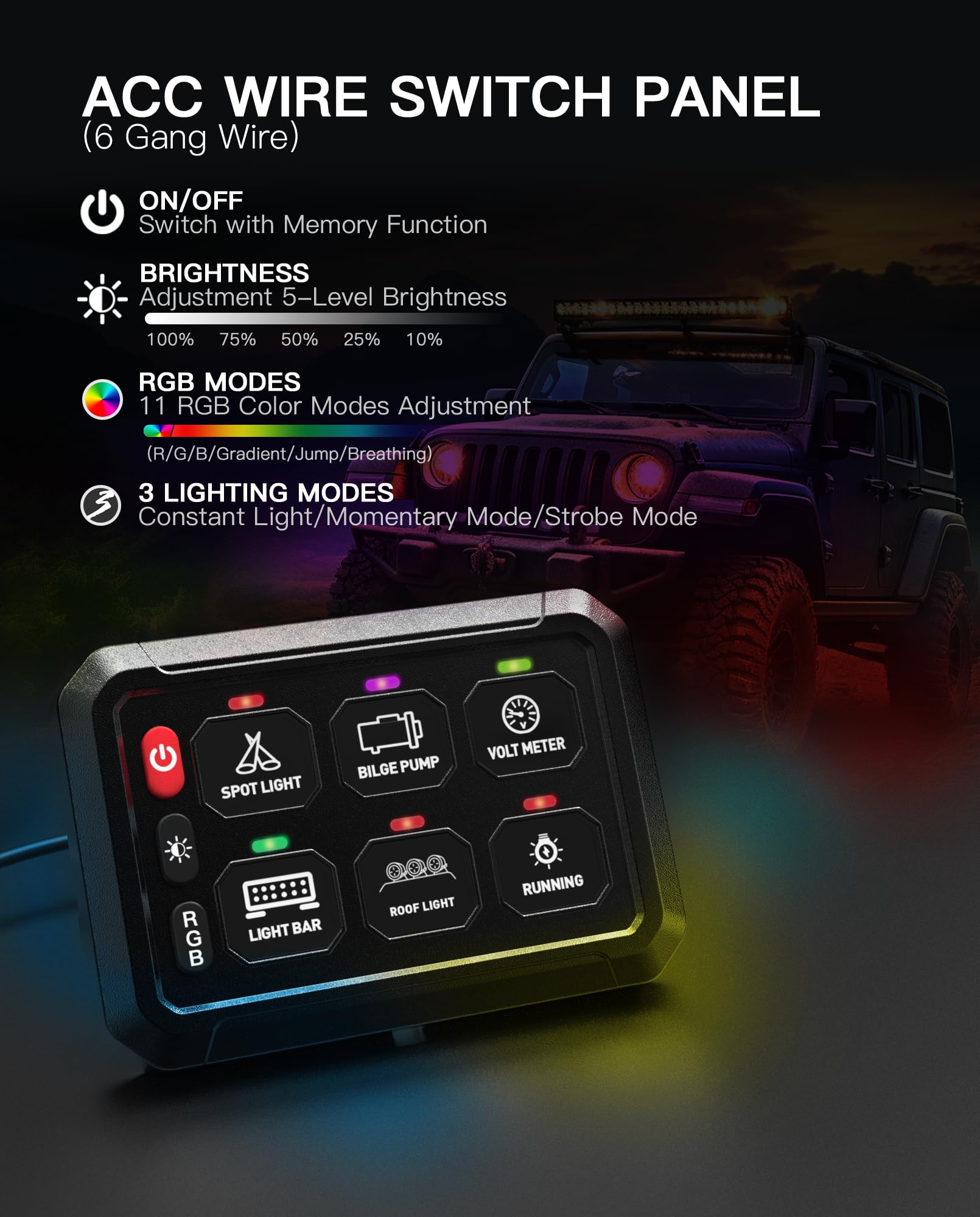 RGB 6 Gang Switch Panel - Waterproof Marine Panel Box with Multifunction Offroad Light Control for 12V/24V Vehicles (Car, Truck, Jeep, SUV, Boat) - ACC Wired Auxiliary LED Pod for Off-Roading, Marine & Outdoor Adventures