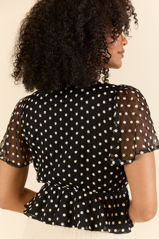 Dotted Blossoms Black Floral Embroidered Blouse Women's Fashion Top - Perfect for Office Wear, Date Night & Spring Outfits