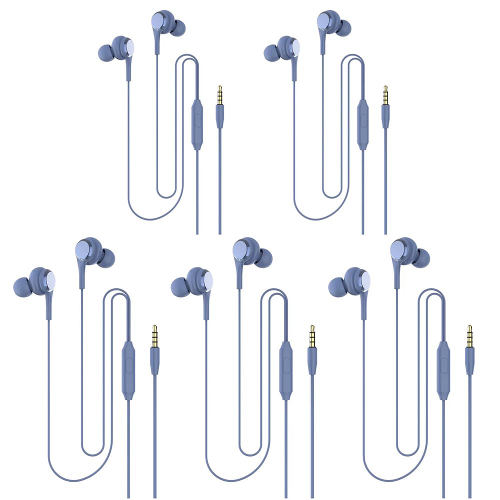 5 Pack Wired Earbuds with Microphone - In-Ear Headphones with 3.5mm Jack & Volume Control - Noise Isolating for Sports, Gym, Running, Gaming & Workouts - Compatible with iPhone, Android & Laptops (Blue)