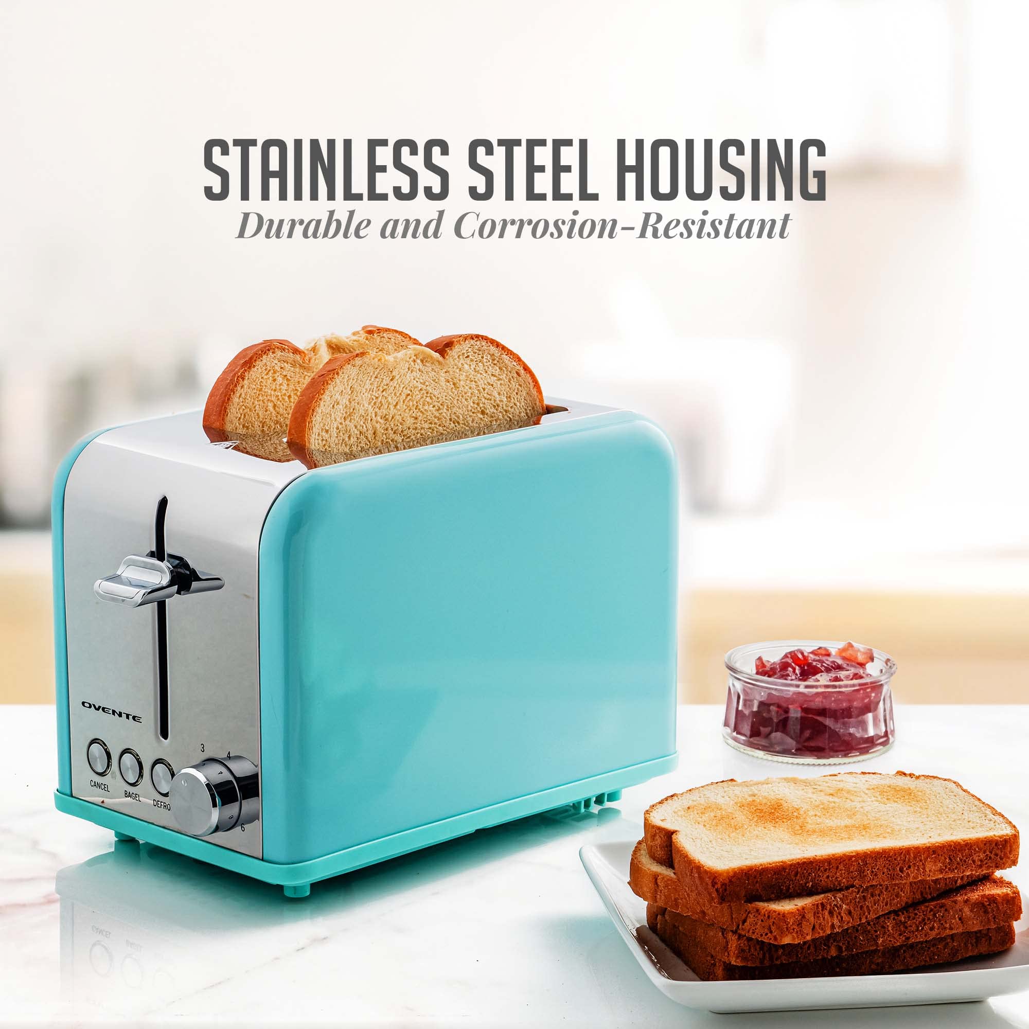 OVENTE 2 Slice Toaster with Extra Wide Slots - 6 Browning Settings, Stainless Steel Body & Removable Crumb Tray - Compact Countertop Toaster for Bread, Bagels, Muffins, Croissants & Waffles (Turquoise TS2450T) - Perfect for Breakfast, Kitchen, Dorm & Office Use