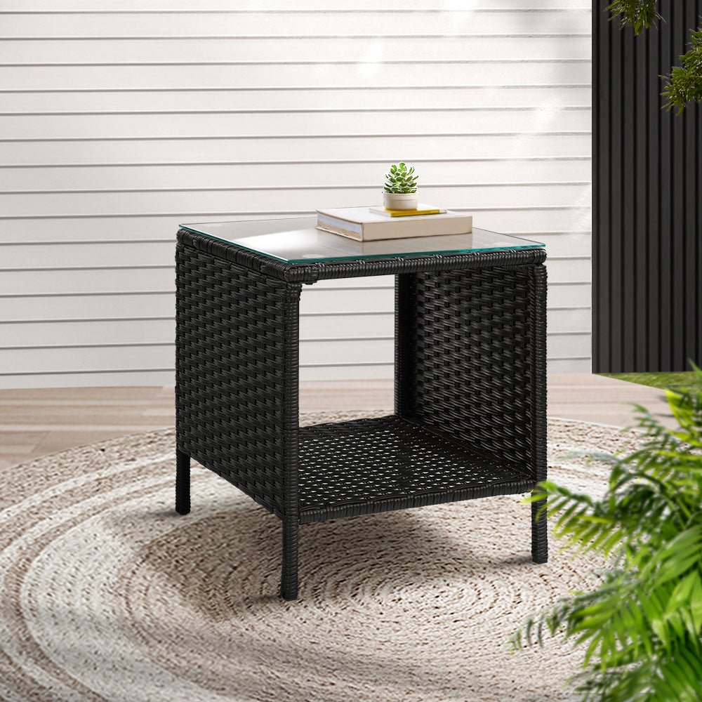 Black Rattan Coffee Side Table - Wicker Desk for Outdoor Garden Furniture - Perfect for Patio, Balcony, and Poolside Relaxation
