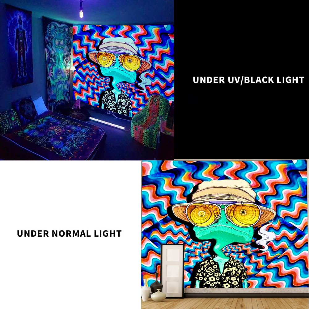 ADDWel Blacklight Frog Tapestry - Glow in The Dark UV Reactive Wall Hanging for Bedroom, Dorm & Living Room | Hippie Alien Design for Black Light Parties & Psychedelic Decor