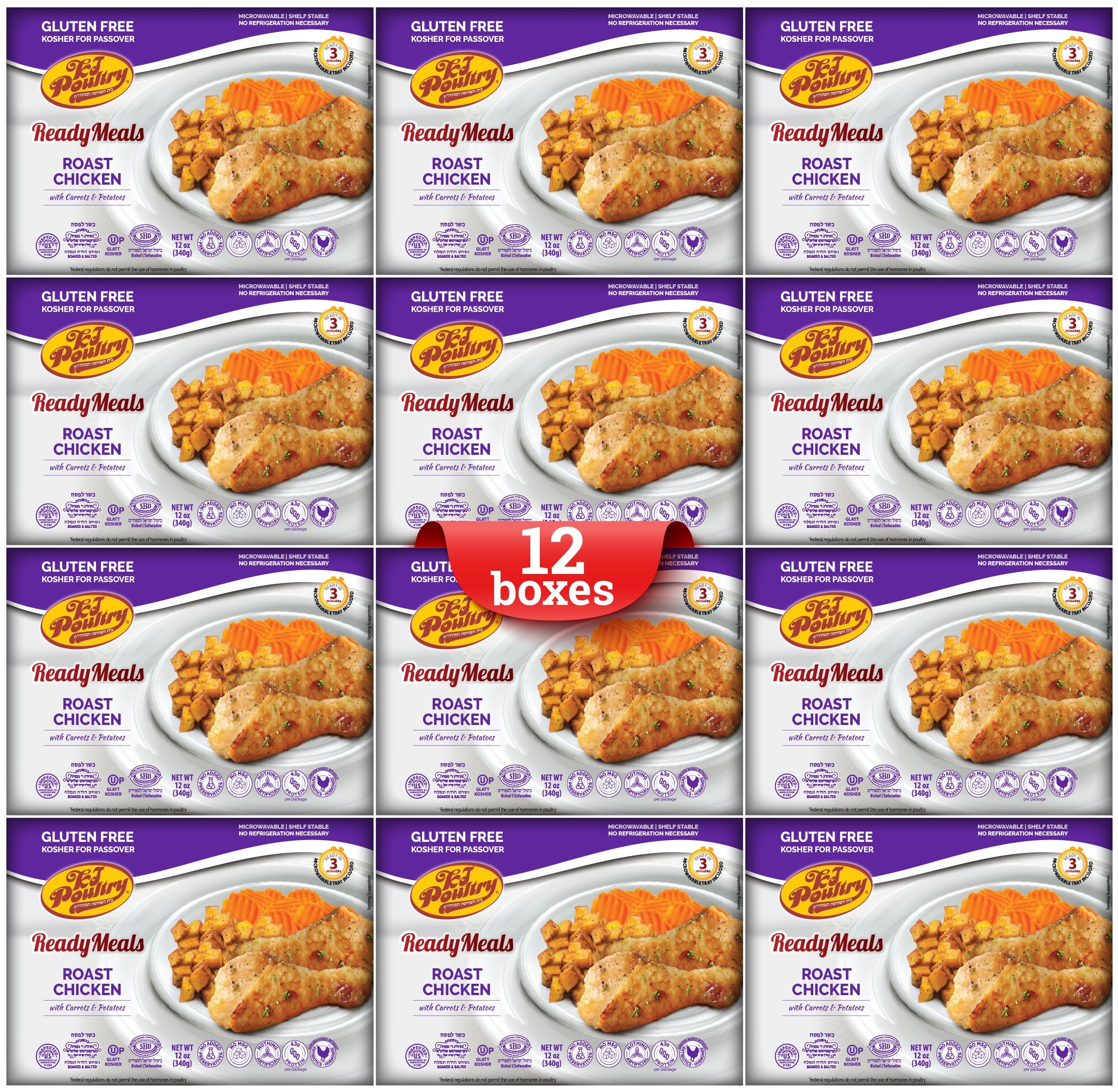 KJ Poultry Kosher for Passover Gluten Free Meals - Fully Cooked Roast Chicken with Potatoes & Carrots (12 Pack) | Halal Certified, Shelf Stable Microwave Dinner | Perfect for Travel, Military, Camping & Emergency Preparedness