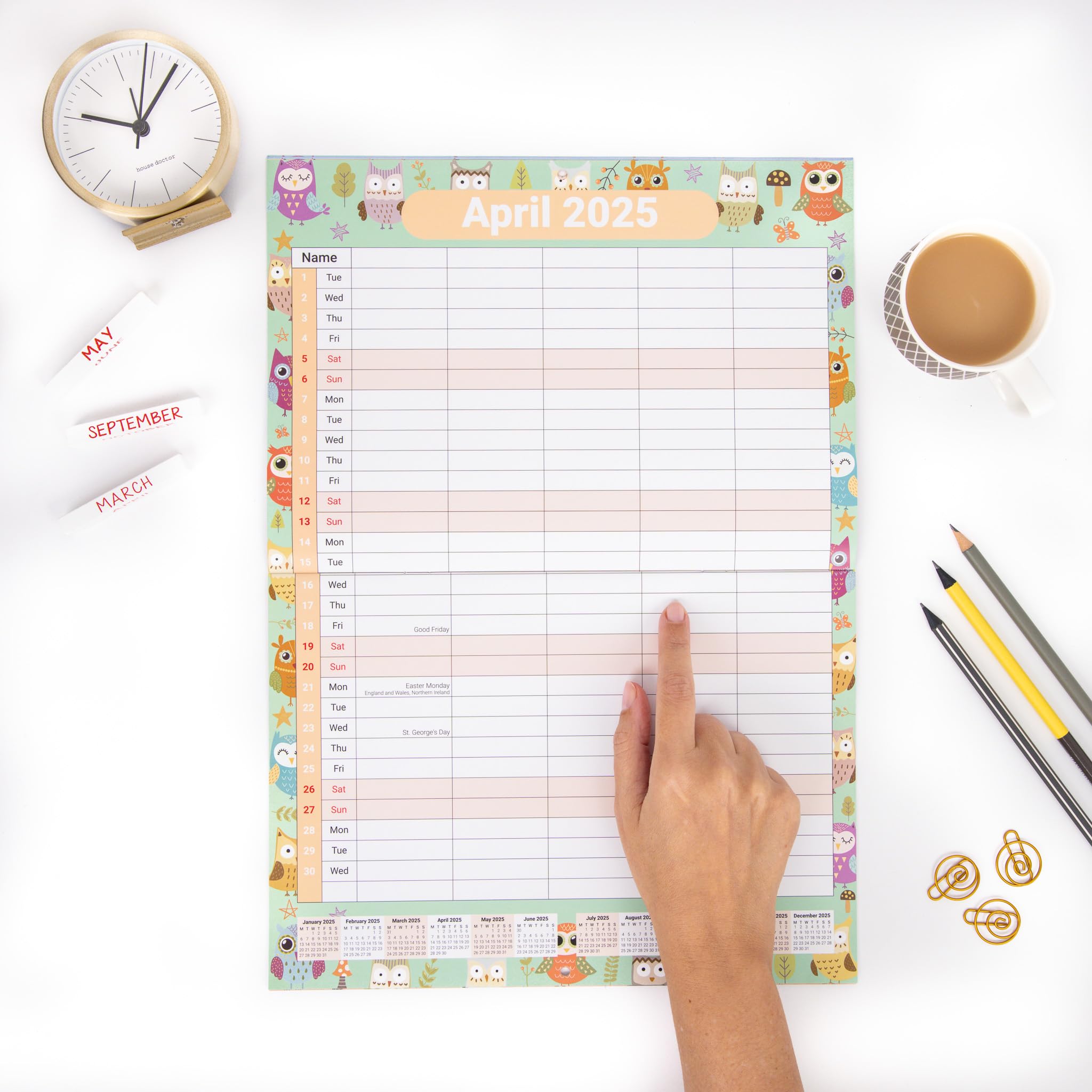 Evelay Family Calendar 2025 - 5-Column Monthly Wall Planner (Owl Design) | A3 Hanging Organizer for Home, Office & School | Perfect for Family Scheduling, Meal Planning & Event Tracking