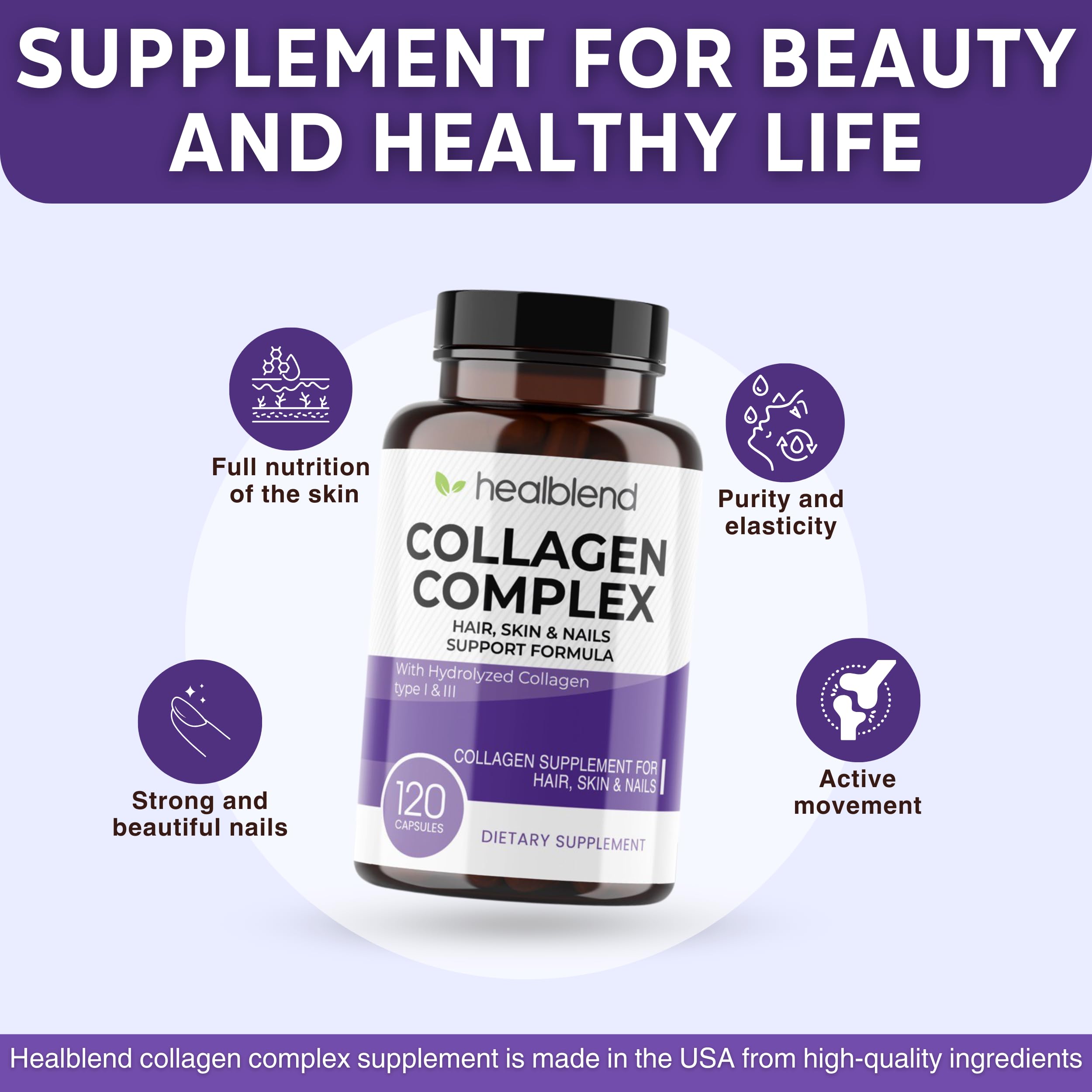 Healblend Collagen Complex - Hydrolyzed Collagen Peptides Supplement for Women & Men | Supports Anti-Aging, Joint Health, Skin Elasticity, Hair Growth & Strong Nails (120 Capsules) - Ideal for Daily Wellness, Fitness Recovery & Beauty Routine