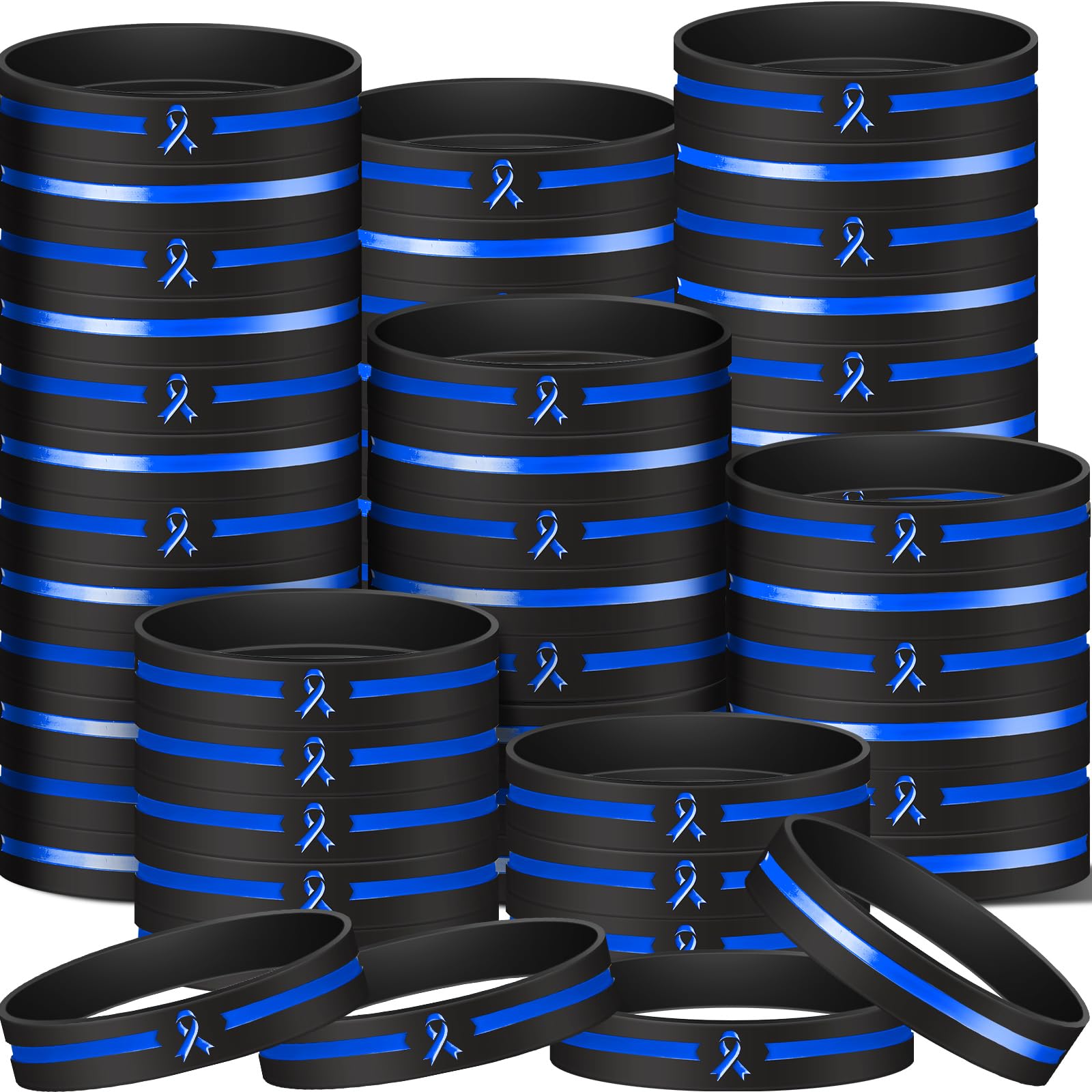 Hiboom 100 Pcs Blue Colon Cancer Awareness Silicone Bracelets - Inspirational Rubber Wristbands with Ribbon for Women & Men - Charity Events, Fundraisers & Support Groups