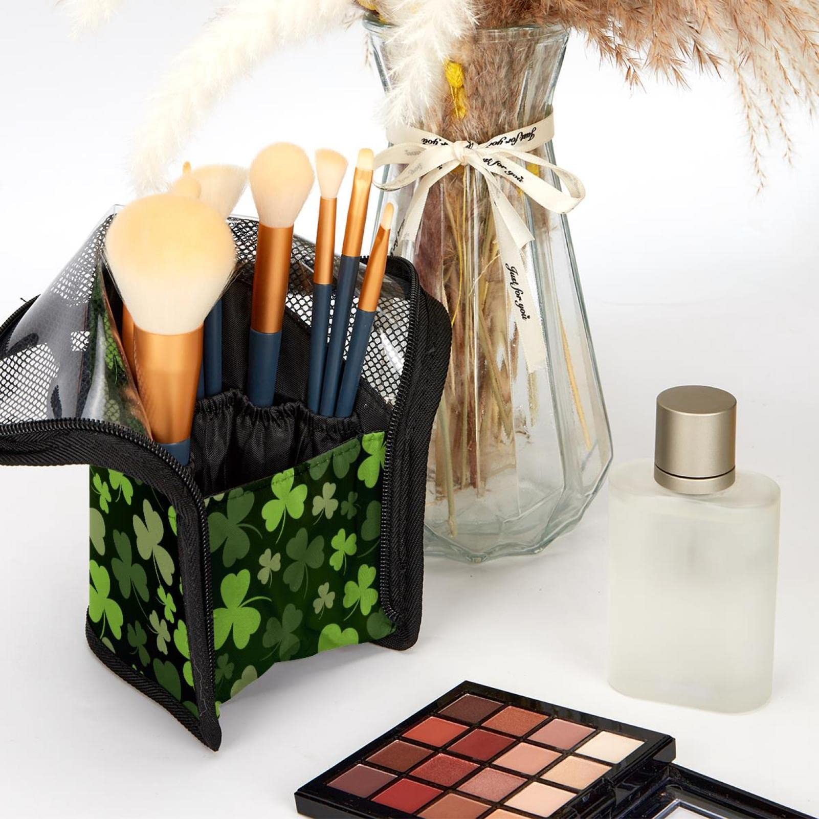 Portable Makeup Brush Organizer Bag with 12 Slots | St. Patrick's Day Leaf Print Cosmetic Brush Holder Case | Perfect for Travel & Home Vanity Organization