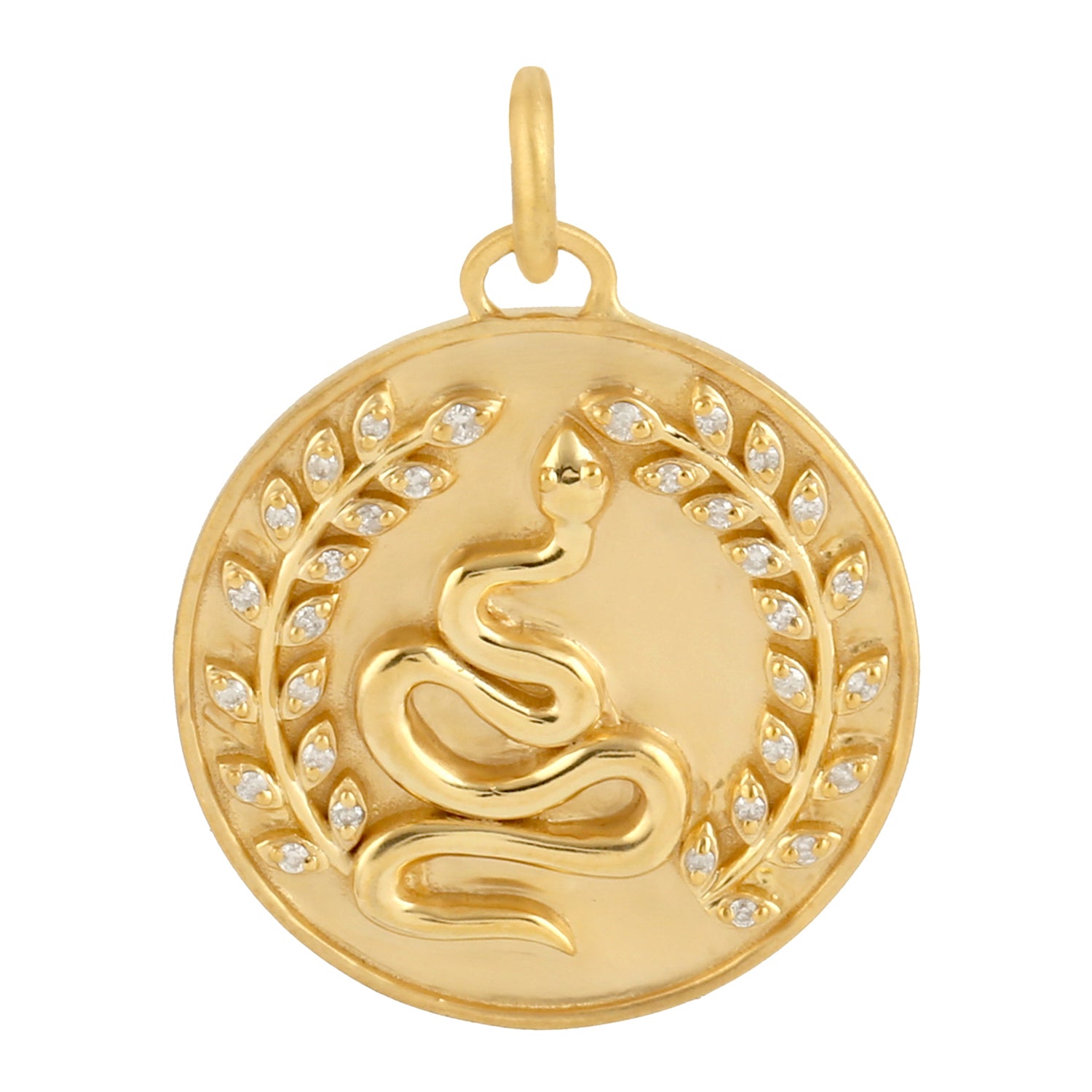 14K Yellow Gold Hand-Carved Snake & Leaf Pendant with Studded Pavé Diamonds | Elegant Jewelry Gift for Women, Perfect for Parties, Weddings & Special Occasions