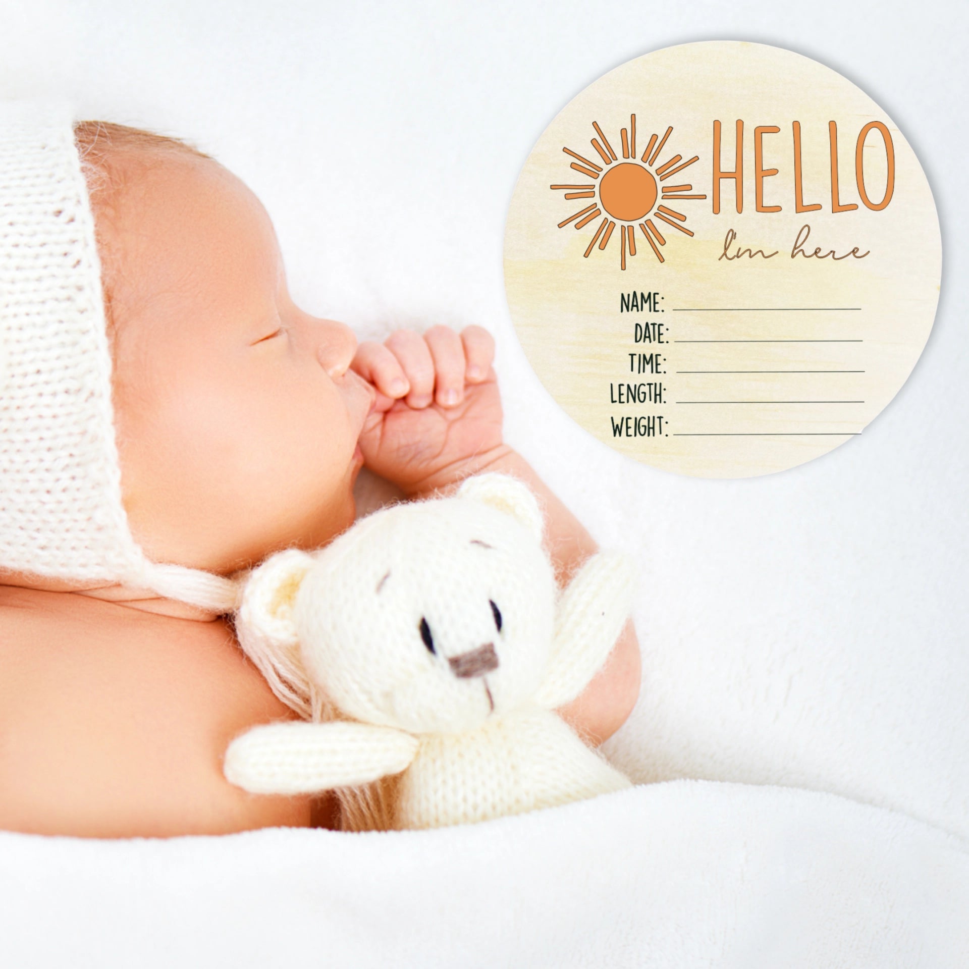 Personalized Wooden Welcome Sign - Hello I'm Here Sun Plaque for Home & Office Decor - Perfect for Front Door, Baby Announcements, and Housewarming Gifts