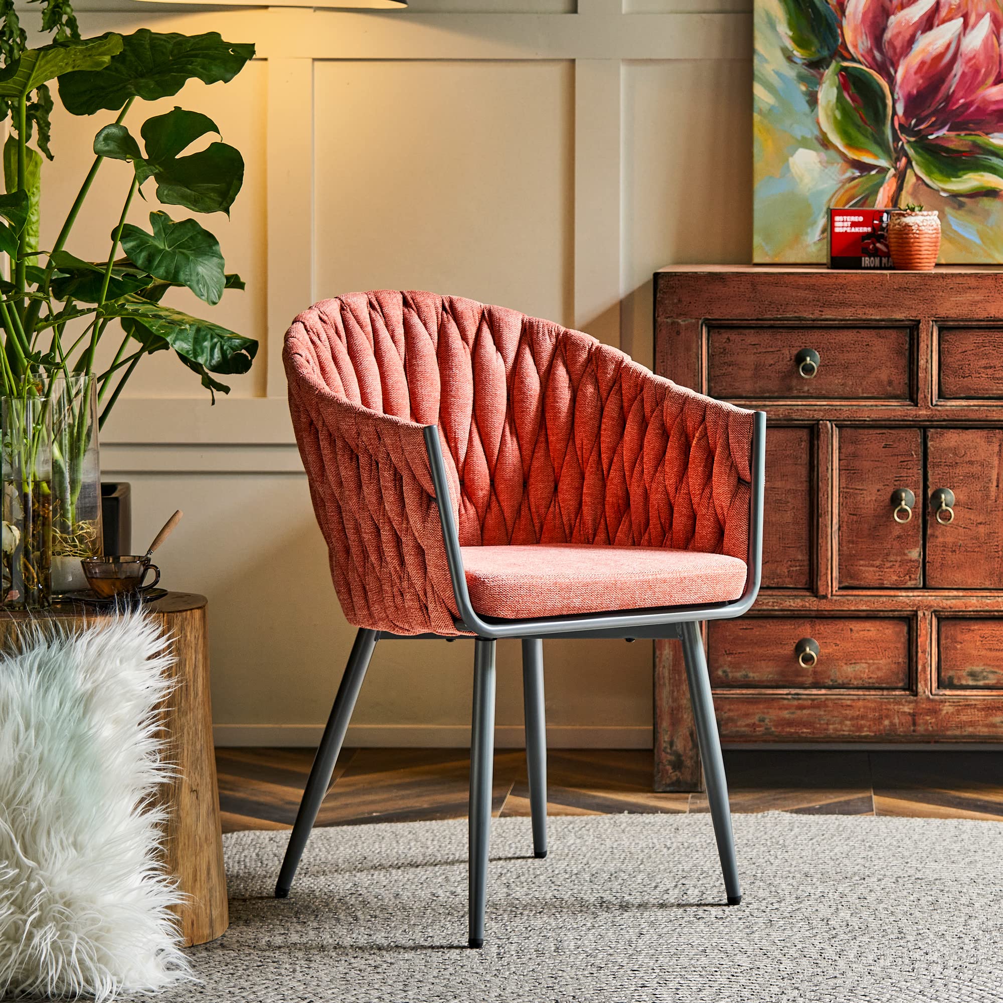 ARTPLAN Modern Accent Chair - Woven Fabric Upholstered Armchair with Wooden Legs for Living Room, Bedroom, Office - Comfortable Mid-Century Style Seating for Home Decor
