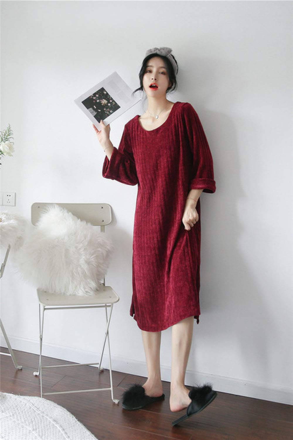 Women's Winter Nightgown Pajamas - Long Sleeve Warm Sleepwear Dress for Cold Weather | Comfortable Solid Color Nightdress for Home & Lounge | Wine Red XL | Cozy Winter Nights & Holiday Season Wear