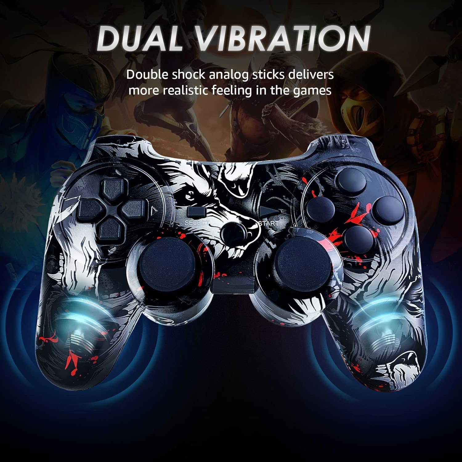 2 Pack Wireless PS3 Controller for PlayStation 3 - High Performance Gamepad with Dual Vibration & Motion Control (Flame & Wolf Design) - Perfect for Gaming, Streaming & Multiplayer Sessions