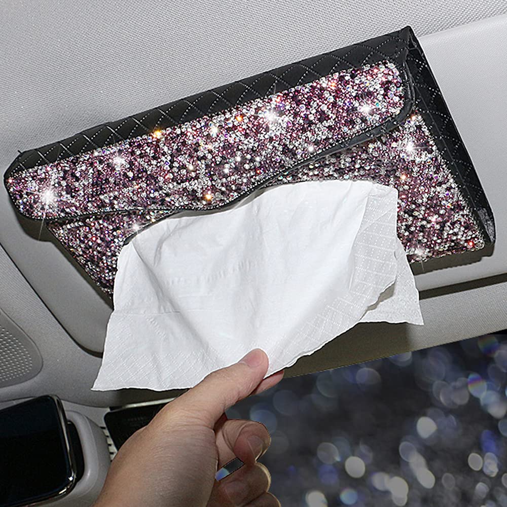 Bling PU Leather Car Sun Visor Tissue Holder - Backseat Napkin Dispenser Case Cover for Women | Perfect for Road Trips, Commuting & Family Car Organization