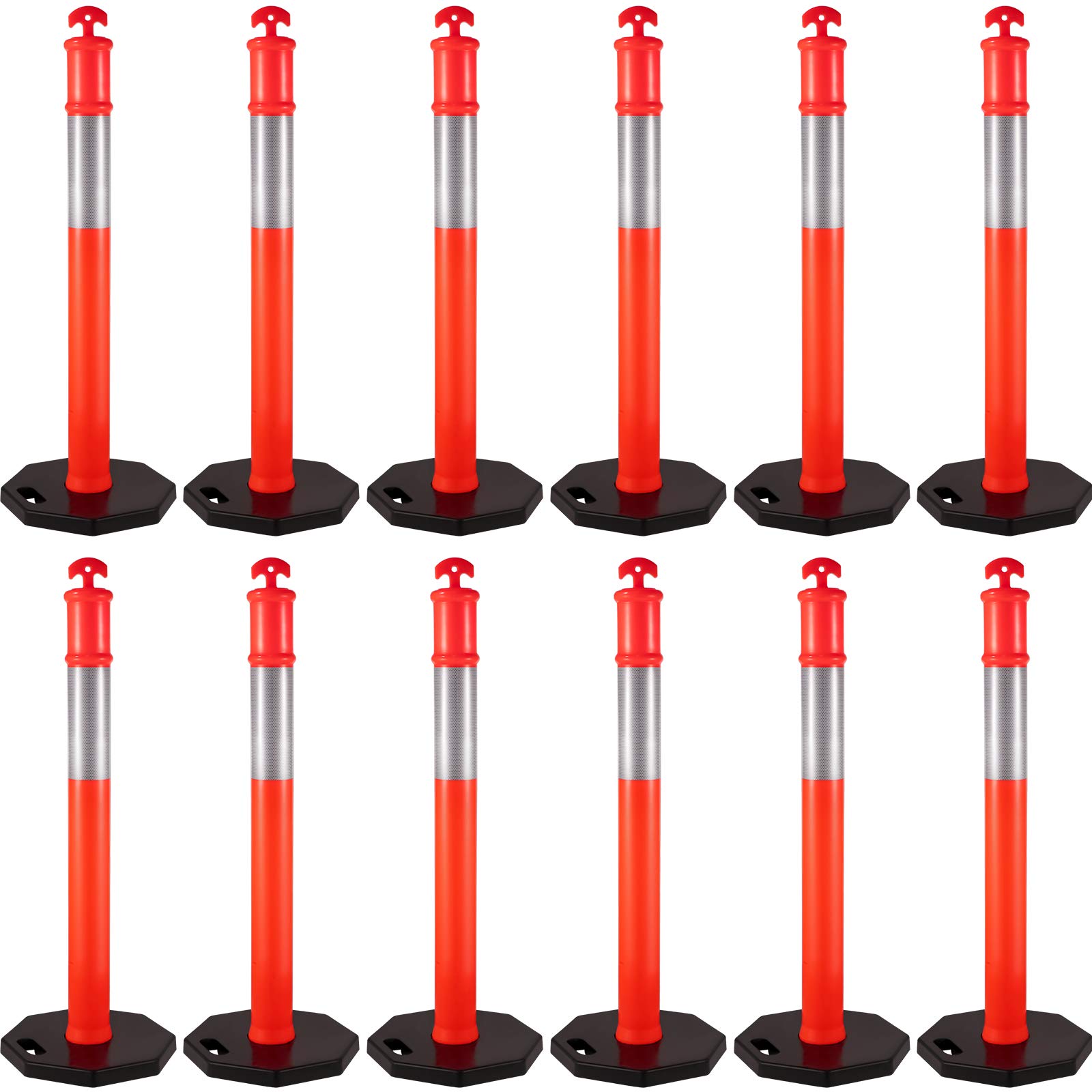 VEVOR 12-Pack 44-Inch Traffic Delineator Posts with 10-Inch Reflective Bands & 16-Inch Rubber Base - Heavy Duty Channelizer Cones for Construction Sites, Parking Lots, Road Safety, and Facility Management