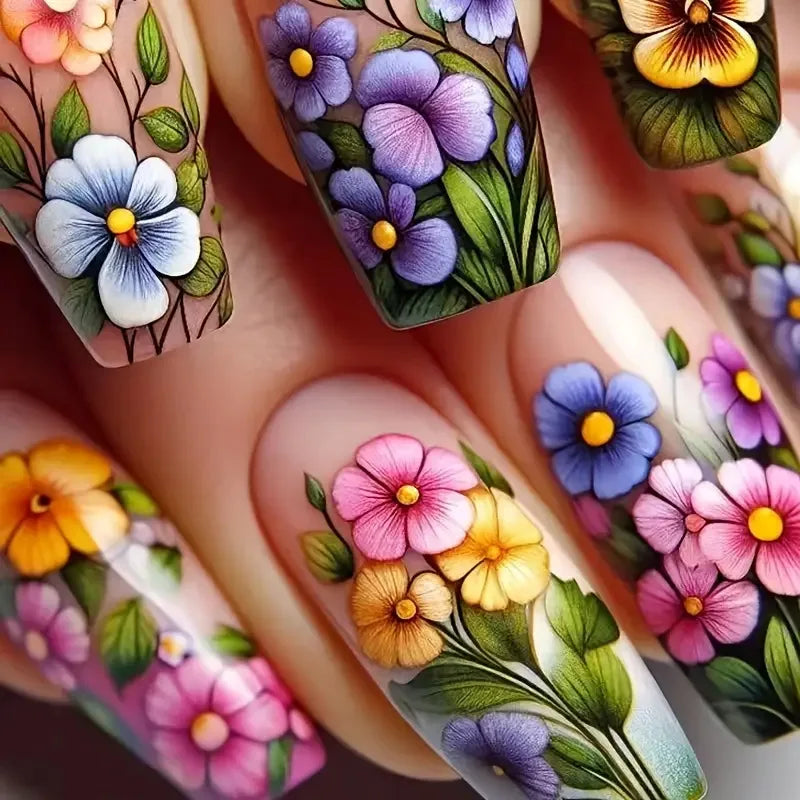 24Pcs Medium Length Ballet Fake Nails - Pink Gradient Spring Floral Sea Design Press on Nails, Acrylic Nail Tips for Manicure, Perfect for Parties, Weddings & Daily Wear