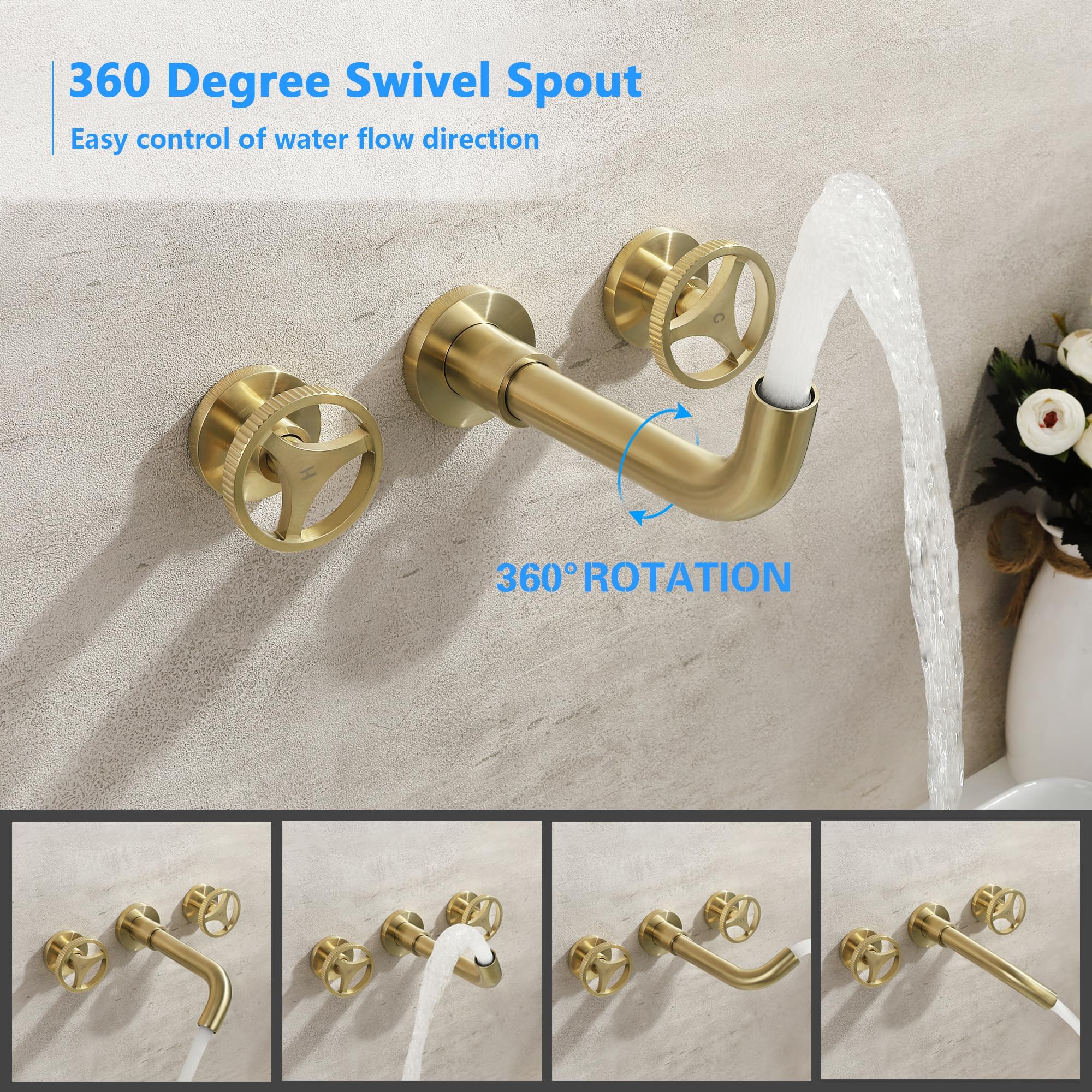 SKOWLL 3 Hole Widespread Bathroom Sink Faucet - Brushed Gold Brass Vessel Faucet with 360° Swivel Spout, Wall Mounted Modern Design for Bathroom Vanity & Powder Room