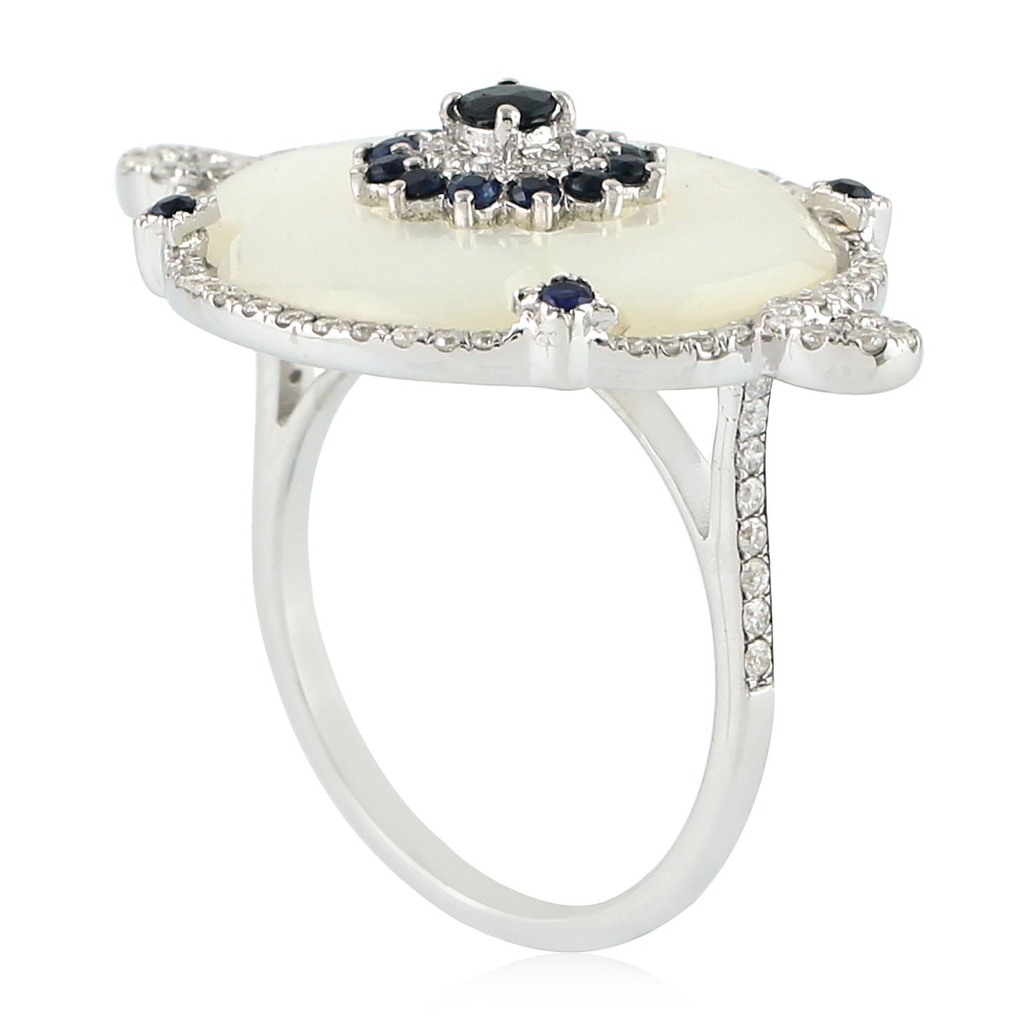 Exquisite 18K White Gold Cocktail Ring with Fancy Cut Mother of Pearl, Blue Sapphire & Pave Diamonds | Elegant Evening Wear, Bridal Jewelry & Special Occasion Gift
