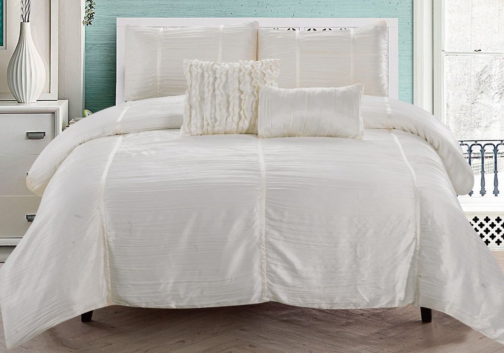 RT Designers Collection Kingsley 5-Piece Crushed Sateen Comforter Set - Queen Size, Ivory Luxury Bedding for Master Bedroom & Guest Room Decor