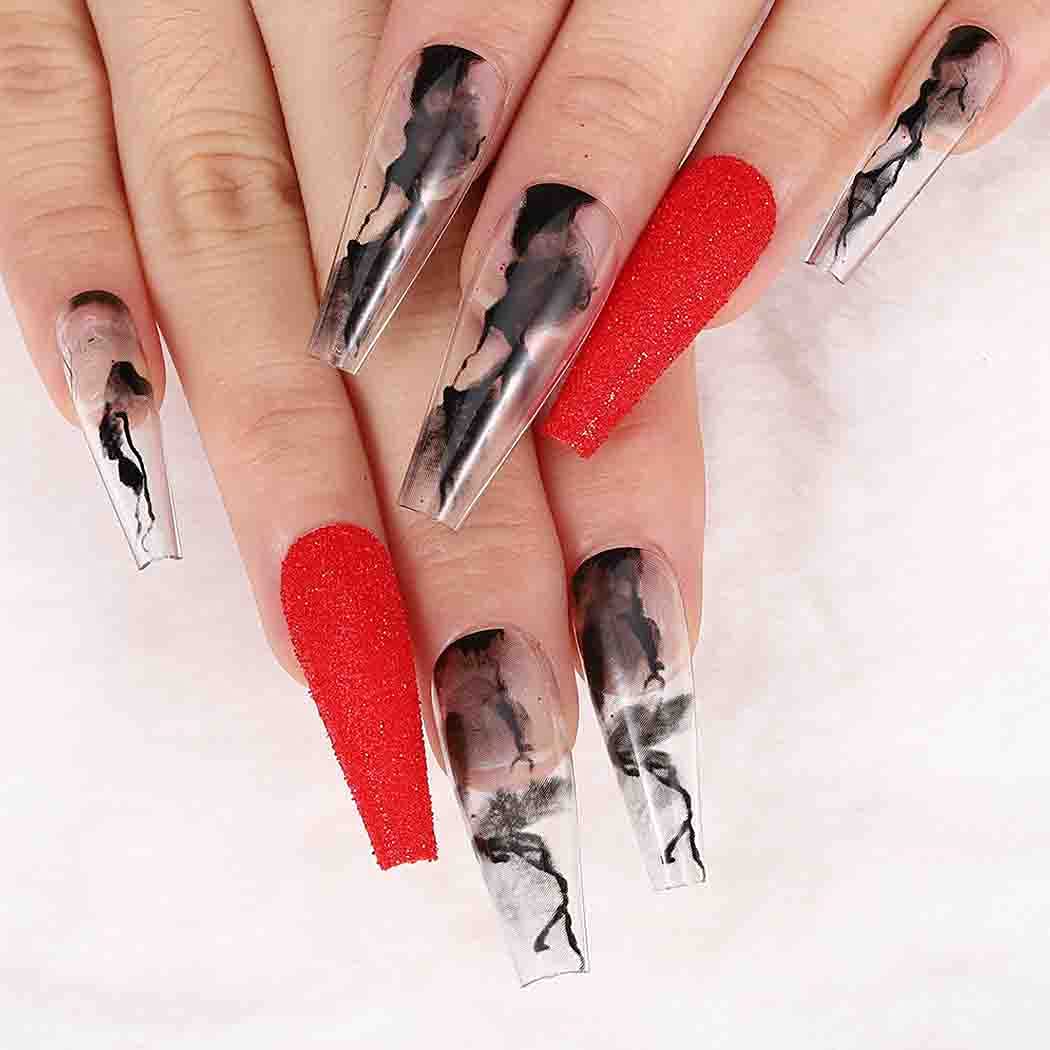 24Pcs Extra Long Press on Nails - Glossy Acrylic Coffin Ballerina Fake Nails with Smoke Pattern Red & Black Designs, Full Cover Artificial Nails for Women & Girls | Perfect for Parties, Halloween, Cosplay & Special Occasions