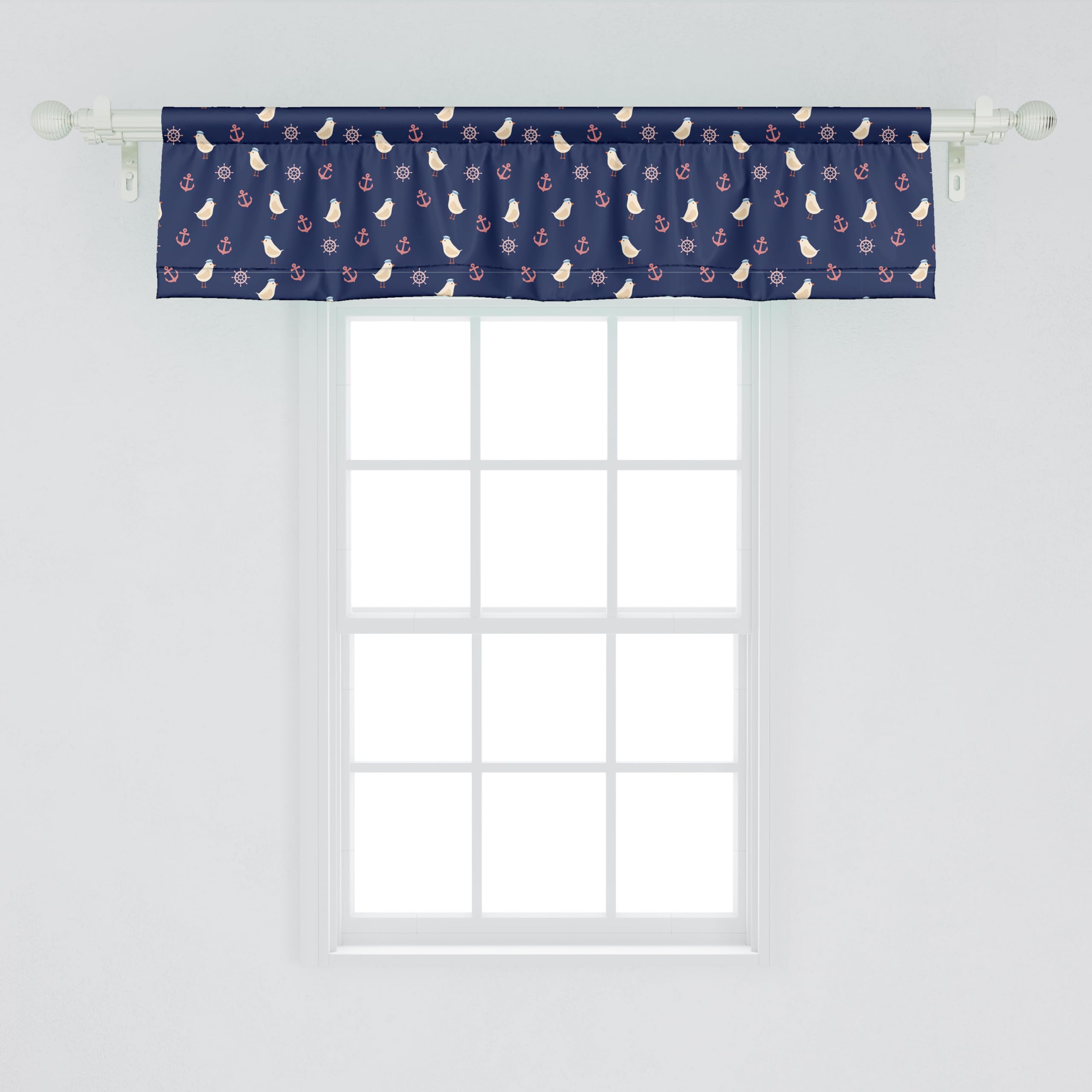 Ambesonne Nautical Window Valance - Blue Ocean Theme with Birds, Marine Hats, Steering Wheel & Anchor Design | 54