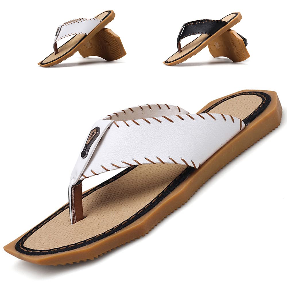 Men's Leather Flip Flops - Comfortable Beach Sandals for Summer, Outdoor Walking & Vacation (EU 39-44) - Perfect for Surfing, Boating & Casual Wear - White