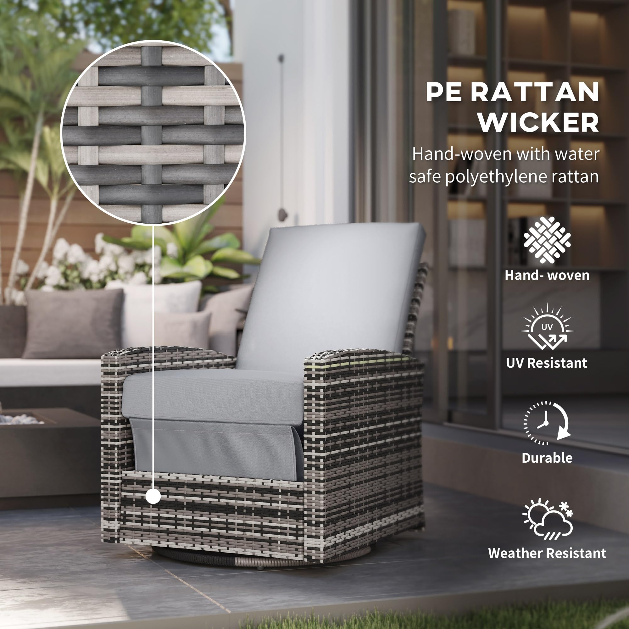 Outsunny 360° Swivel Recliner Chair with Adjustable Backrest & Footrest - Water-Resistant Gray Wicker Patio Lounge Chair for Outdoor Relaxation | Perfect for Poolside, Garden, Deck, and Backyard Lounging