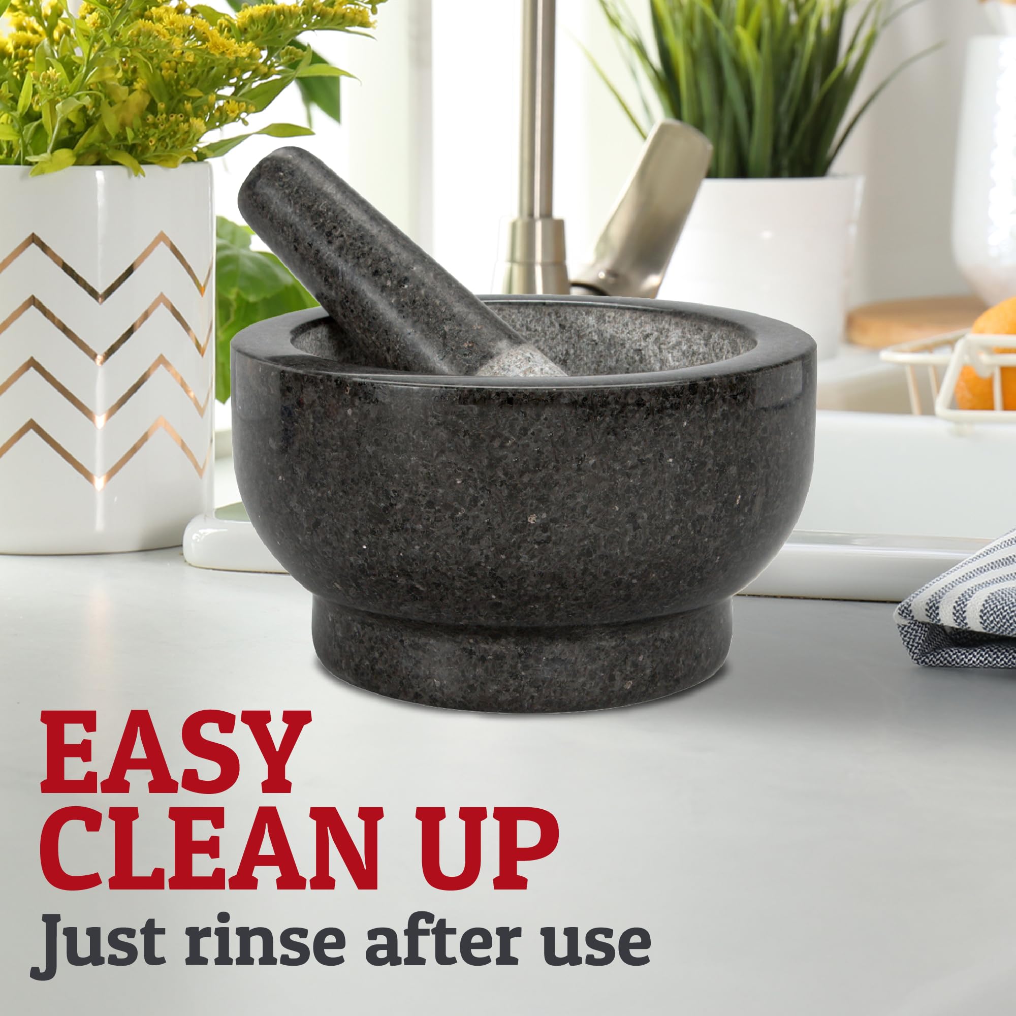 Premium 4-Cup Heavy Duty Granite Mortar and Pestle Set - 100% Natural Stone Grinder for Guacamole, Spices & Herbs - Perfect for Mexican Cooking, Avocado Mashing & Kitchen Prep - Black Molcajete Bowl