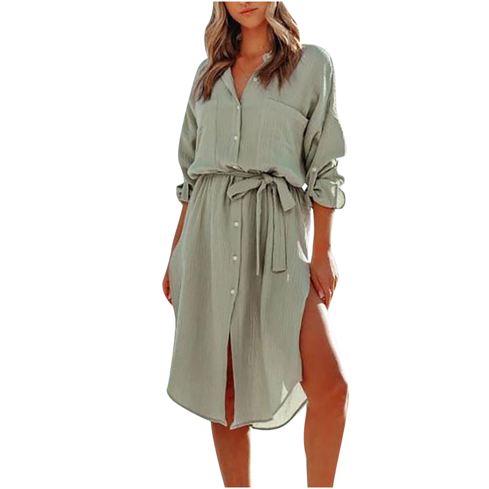 Women's Lapel Long Sleeve Button Down Shirt Dress - Tie Waist Flowy Midi Sundress with Pockets & Side Slit | Perfect for Beach, Vacation & Casual Outings