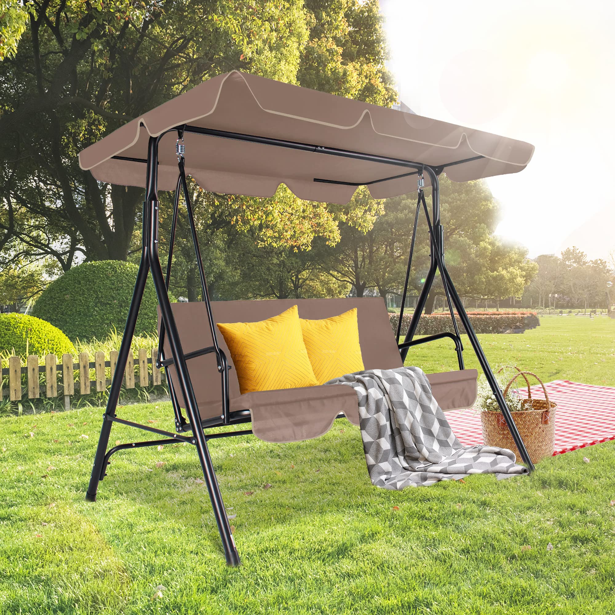 3-Seats Outdoor Patio Swing Chair with Adjustable Canopy & Sturdy Steel Frame - Heavy Duty Porch Swing for Adults, Removable Cushion - Perfect for Garden, Backyard, Balcony & Deck Relaxation (Brown)