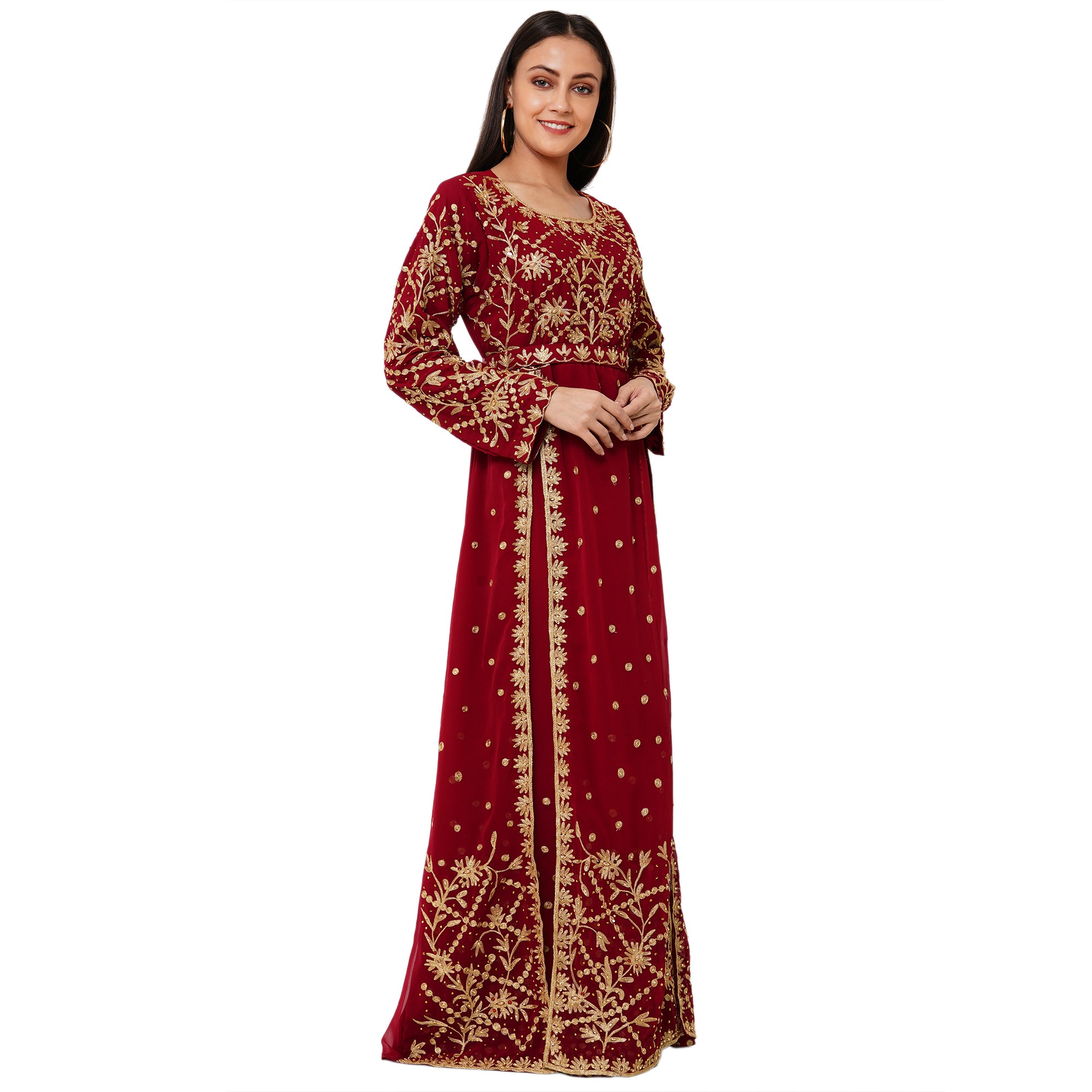 Elegant Arabian Gown for Cocktail Party - Long Sleeve Flowy Maxi Dress for Women, Perfect for Evening Events, Weddings & Special Occasions