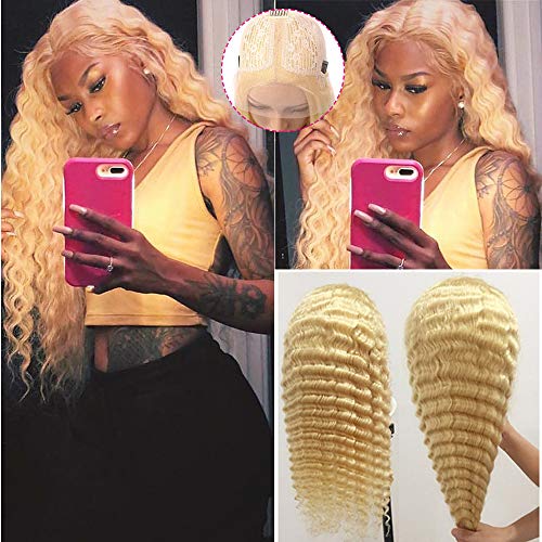 613 Blonde Deep Wave Lace Front Human Hair Wig - Pre Plucked with Bleached Knots, 13x1x6 Lace Part, Middle Part, Natural Hairline | Brazilian Remy Human Hair Wigs for Women | Perfect for Cosplay, Daily Wear & Special Occasions