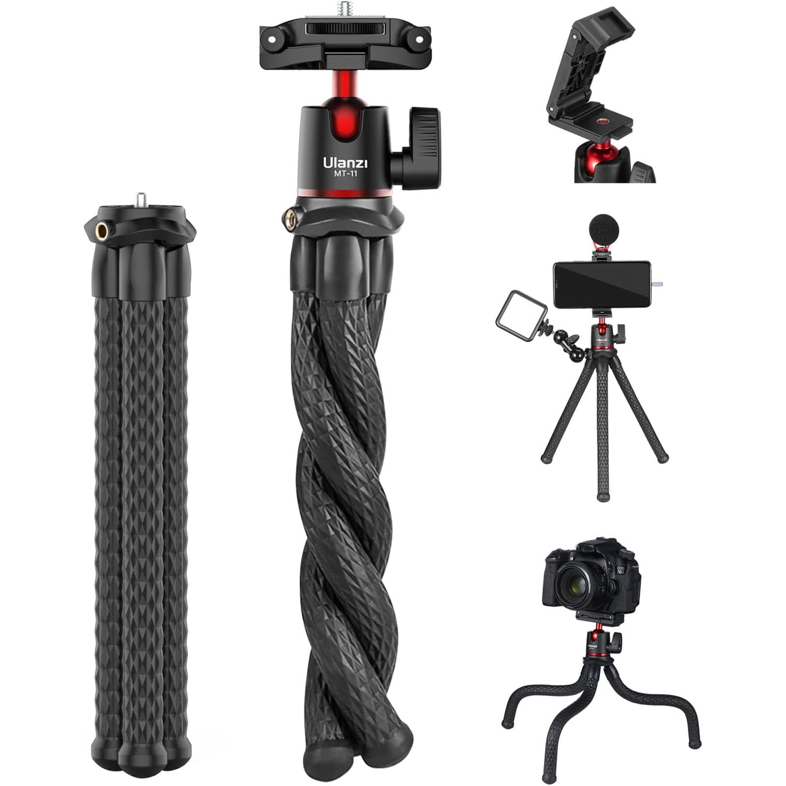 ULANZI Flexible Camera Tripod Stand with Hidden Phone Holder & Cold Shoe Mount - Universal 1/4'' Screw Compatible with iPhone 16/15/14 Pro Max, Samsung, Canon, Nikon, Sony Cameras - Perfect for Vlogging, Travel Photography & Live Streaming