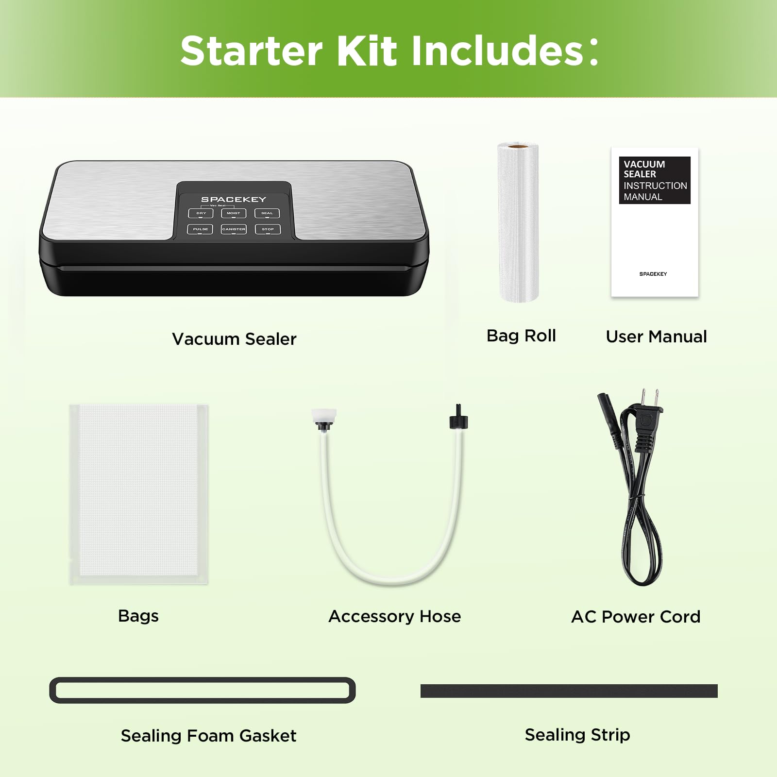 SPACEKEY Vacuum Sealer Machine 85Kpa - 8-in-1 Food Saver with Dry & Moist Modes, Pulse Function, Built-in Cutter & Bag Roll Storage - Includes Free Vacuum Bags - Perfect for Meal Prep, Sous Vide, Freezing & Food Preservation (Silver)