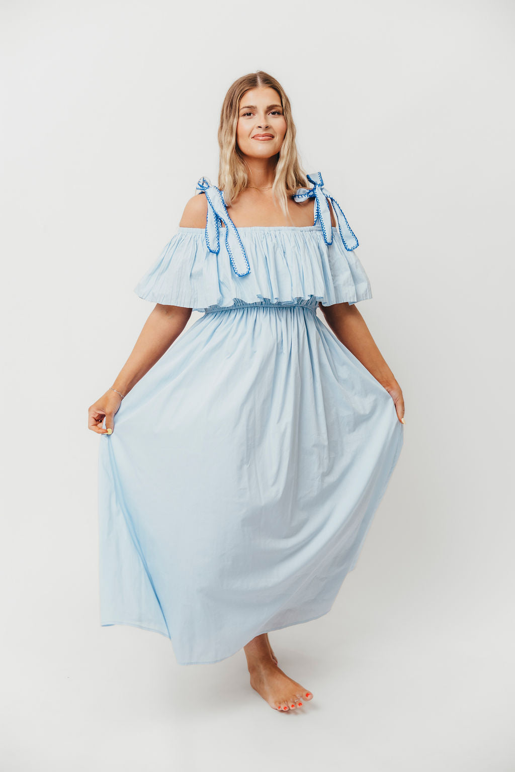 Aviva 100% Cotton Pleated Off Shoulder Midi Dress - Light Blue Summer Dress for Beach, Wedding & Casual Outings