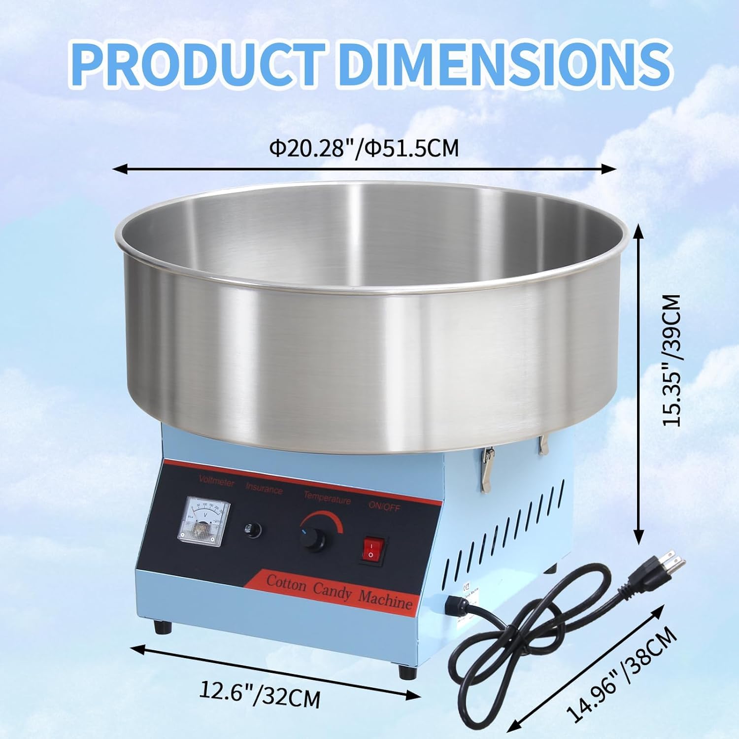 Commercial Cotton Candy Machine 1050W - Electric Candy Floss Maker with Stainless Steel Bowl & Sugar Scoop - Perfect for Kids Birthday Parties, Family Gatherings, Carnivals & Festivals - Blue