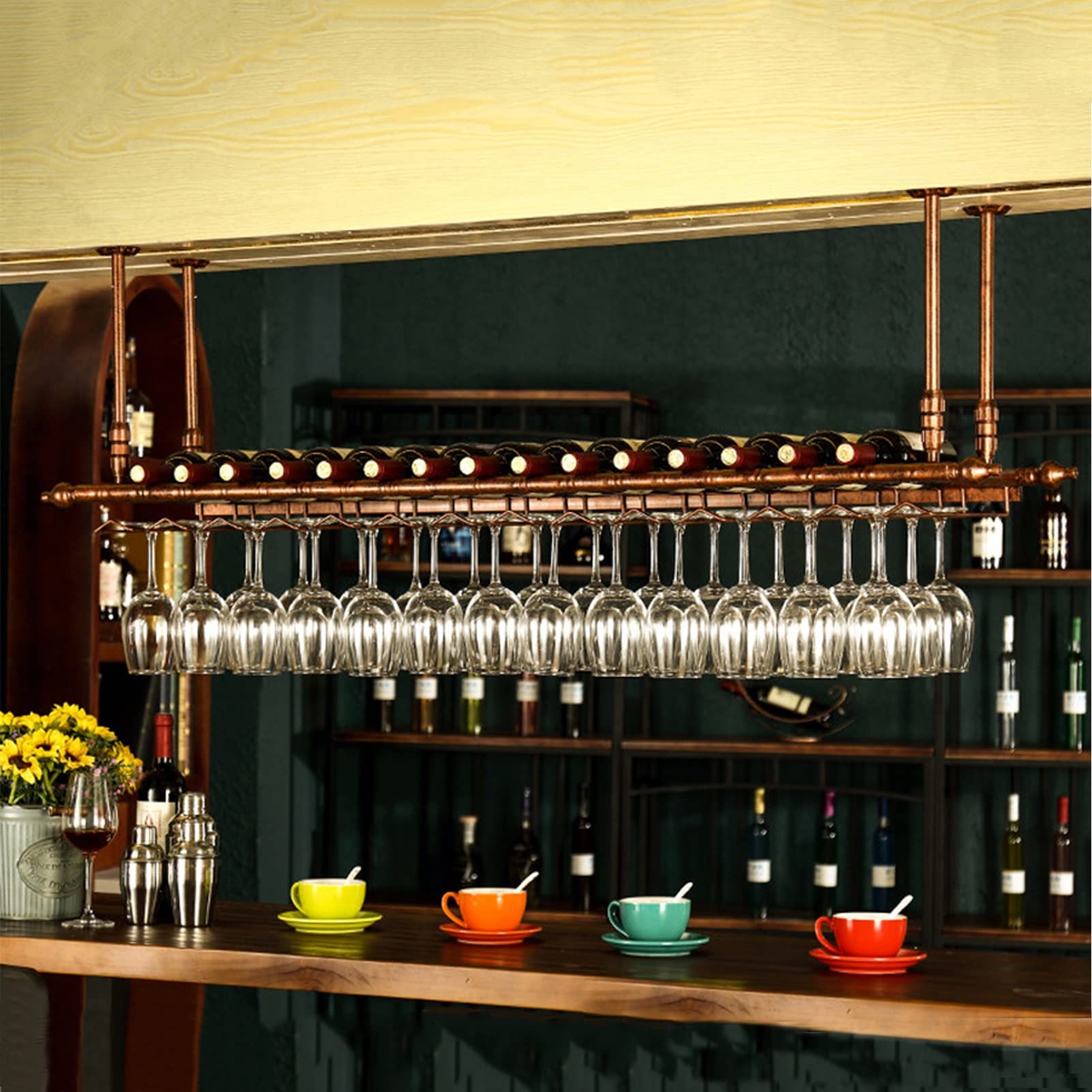 Premium Metal Wine Bottle Rack - Floating Wall & Ceiling Wine Shelf for Stemware Display - 60x35cm Kitchen & Bar Storage Organizer - Perfect for Home Decor, Wine Cellars & Entertaining Spaces