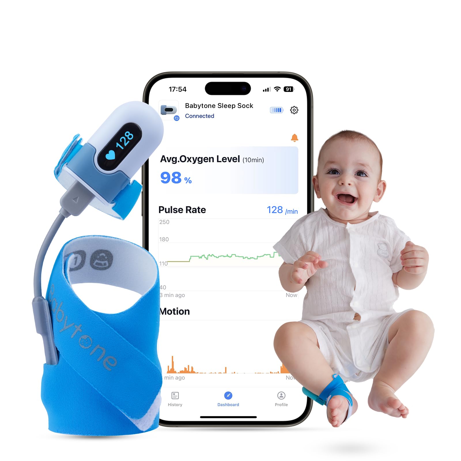 Babytone Baby Oxygen Monitor & Sleep Tracker - Wearable Foot Monitor with Bluetooth App for Newborns 0-36 Months - Tracks O2 Levels, Pulse Rate & Movement - Ideal for Nighttime Monitoring & Peace of Mind (New Sock Version)