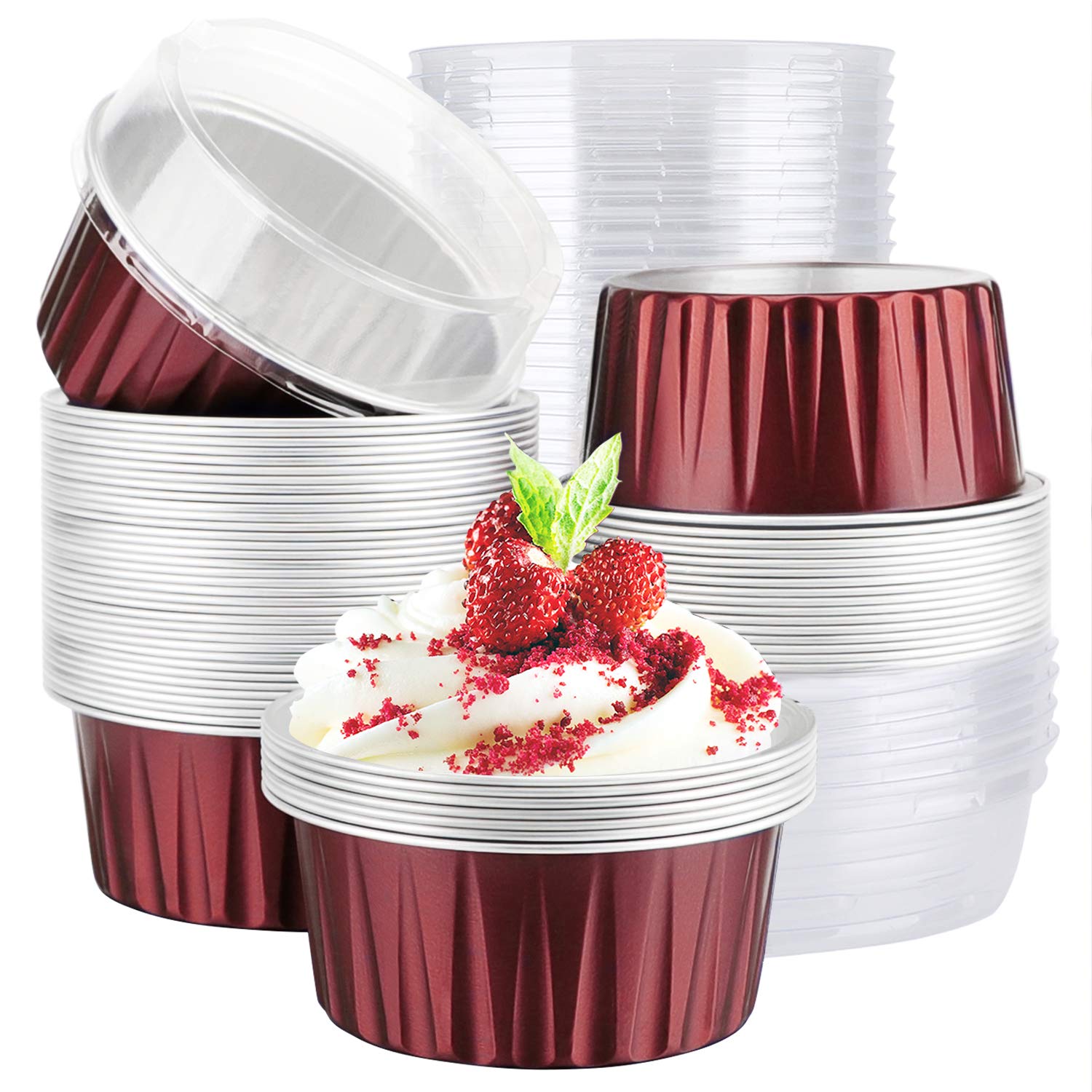 EUSOAR 5oz Aluminum Foil Baking Cups - 50pcs Cupcake Liners with Lids (3.34x2.59x2.35