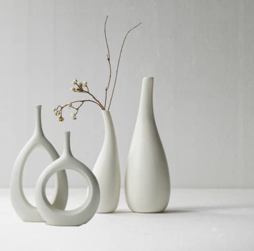 4-Piece Ceramic Vase Set - 2 Modern White Bud Vases & 2 Decorative Sculpture Vases for Home Decor, Wedding Centerpieces, Fireplace Mantel Decorations