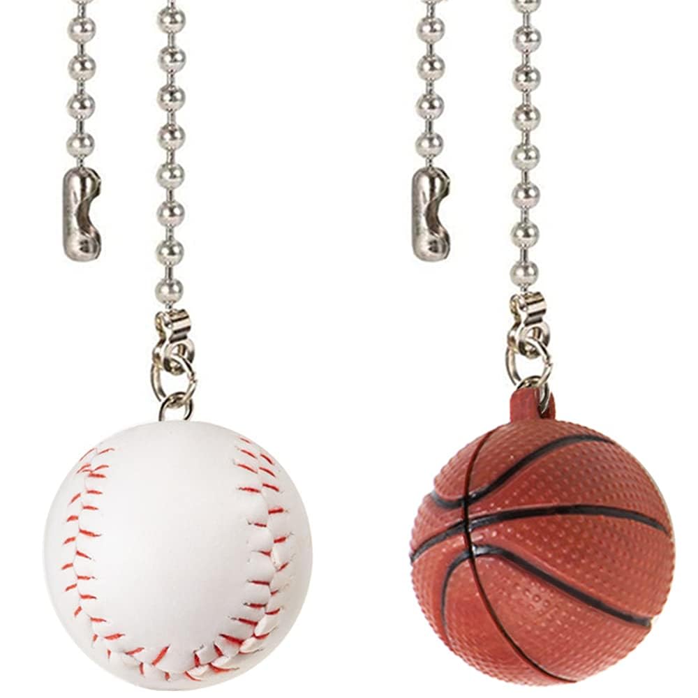 Baseball & Basketball Ceiling Fan Chain Pulls - 12 Inch Decorative Extension Pendant Set for Light & Fan (Nickel) - Perfect for Sports-Themed Bedrooms, Game Rooms & Man Caves