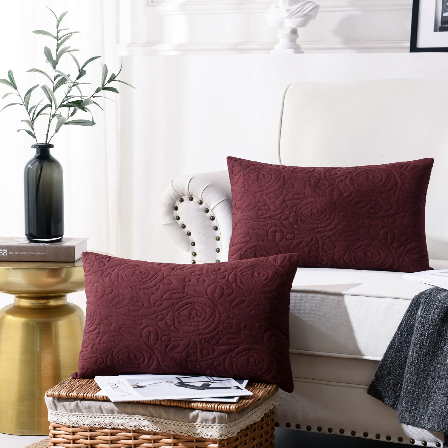 MarCielo 2 Pack Lumbar Pillow Covers 12x20 Inches - Soft Decorative Throw Pillow Cases for Sofa, Bed, Couch - Burgundy Red Home Decor for Living Room, Bedroom, Office