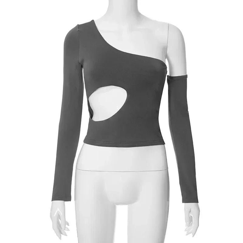 Y2K Asymmetrical Cut Out Crop Top with Sleeves - Sexy One Shoulder Backless T-Shirt for Women | Streetwear Fashion | Perfect for Clubbing, Concerts & Night Out