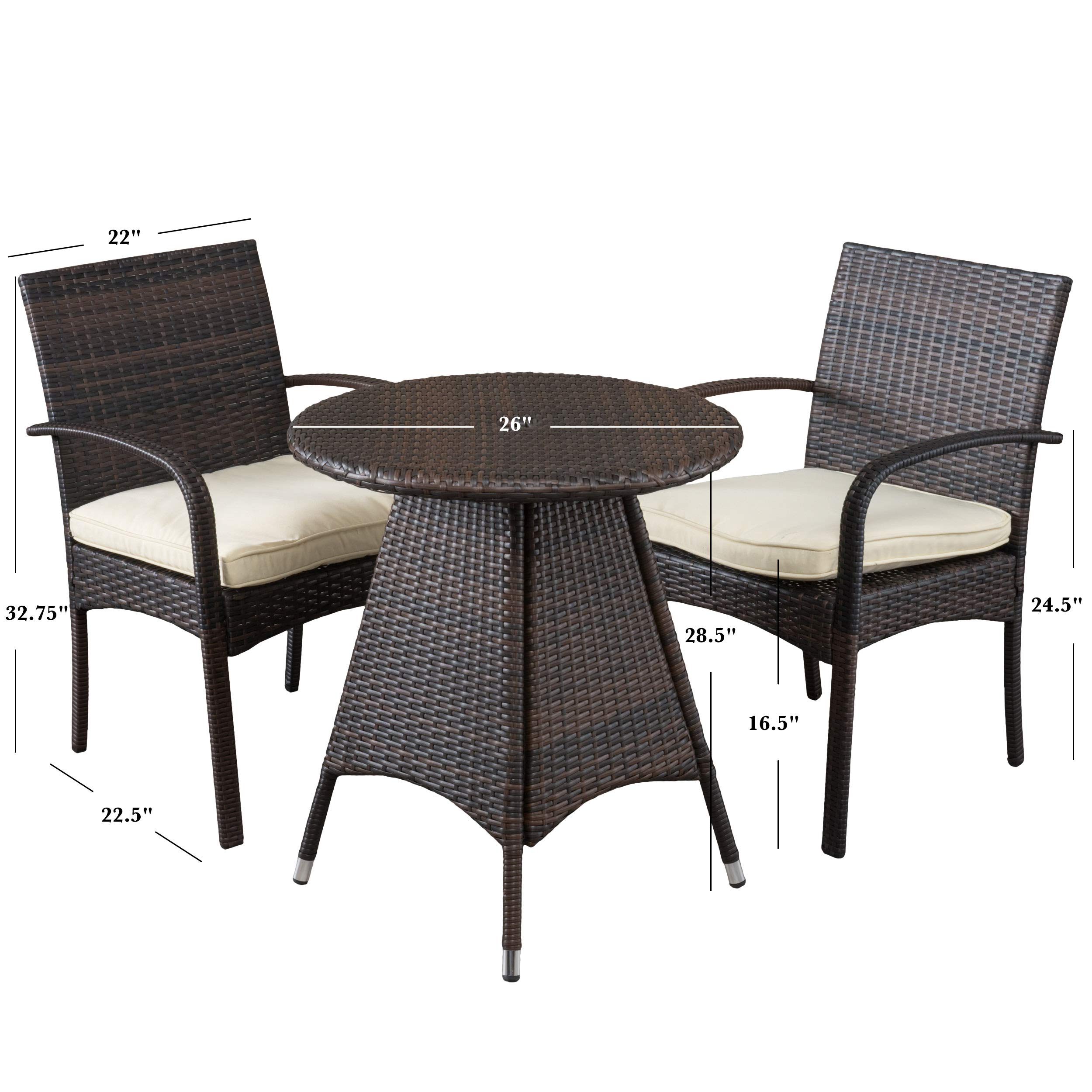 Peterson Outdoor Wicker Bistro Set with Cushions - 3-Piece Patio Furniture Set in Multi-Brown - Perfect for Garden, Balcony & Backyard Dining