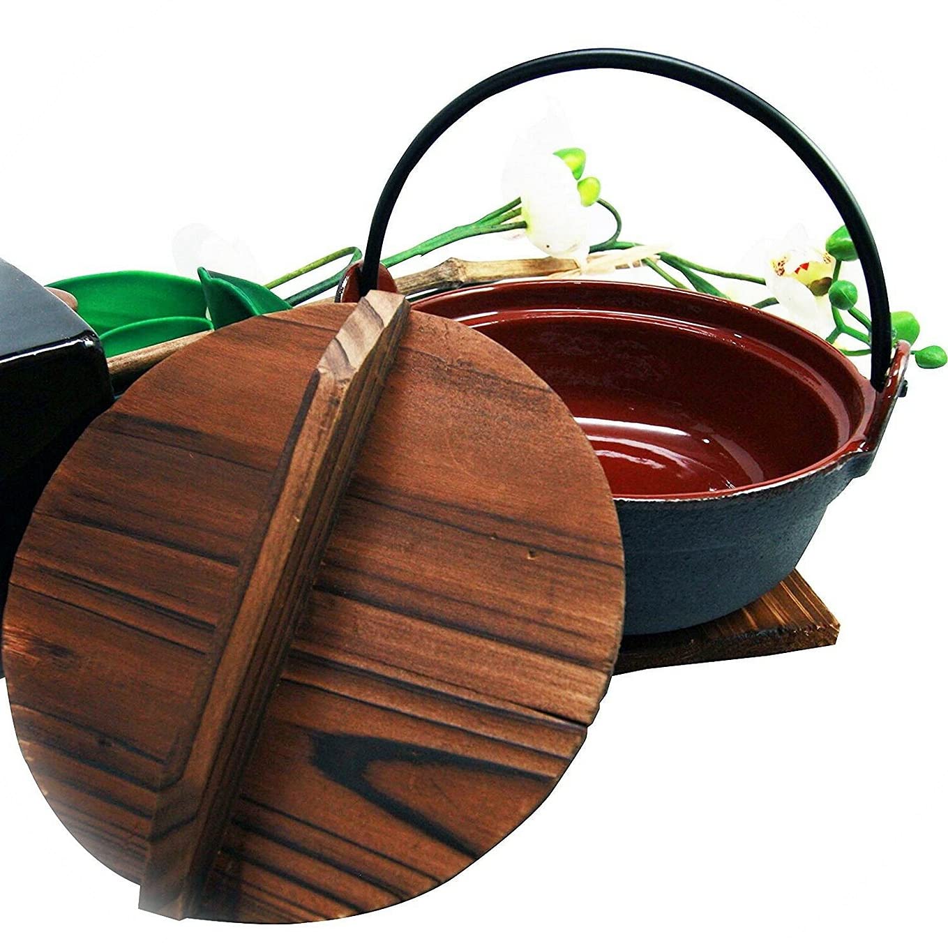 Premium Japanese Cast Iron Sukiyaki Shabu Shabu Hot Pot - Personal Size with Wooden Lid (EB-5357GIF) - Authentic Asian Cooking for Home Dining, Gifts & Unique Decor