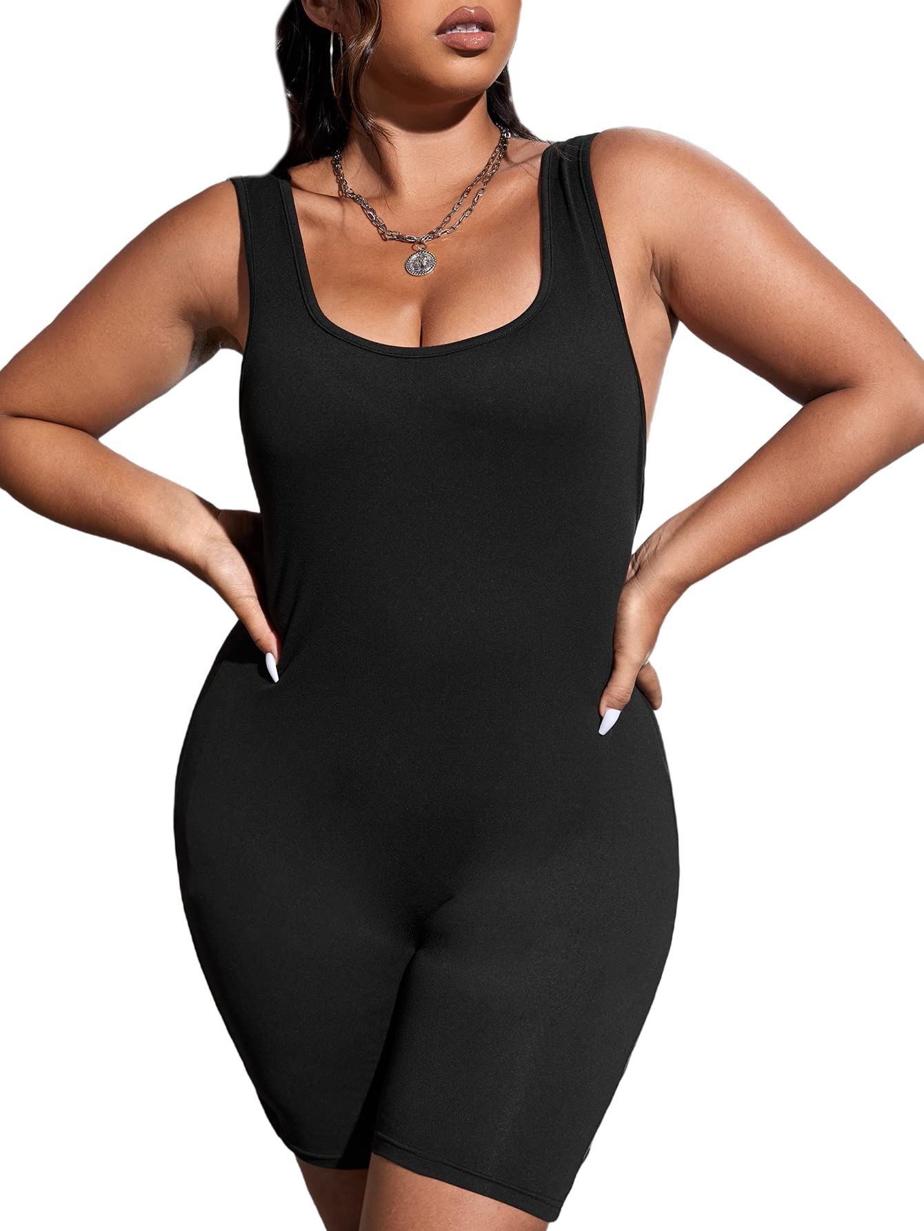 WDIRARA Women's Plus Size Square Neck Sleeveless Bodycon Romper Jumpsuit - Sexy Tank Top Shorts Outfit for Summer, Beach, Party & Casual Wear