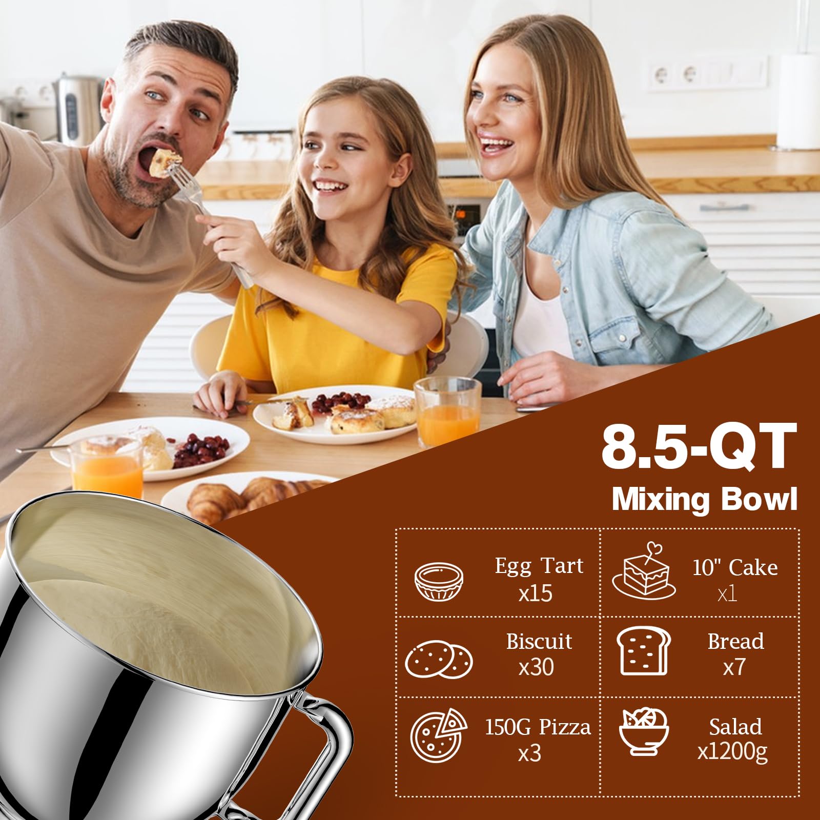 **660W 8.5Qt Stand Mixer - 6+ Speeds Electric Kitchen Mixer with Dough Hook, Flat Beater, Whisk & Splash Guard - Perfect for Baking Bread, Cakes, Cookies, Salad & Eggs (Black)**    *(Use Cases: Ideal for home bakers, pastry chefs, and cooking enthusiasts to effortlessly mix dough, whip cream, blend batters, and prepare delicious homemade meals.)*