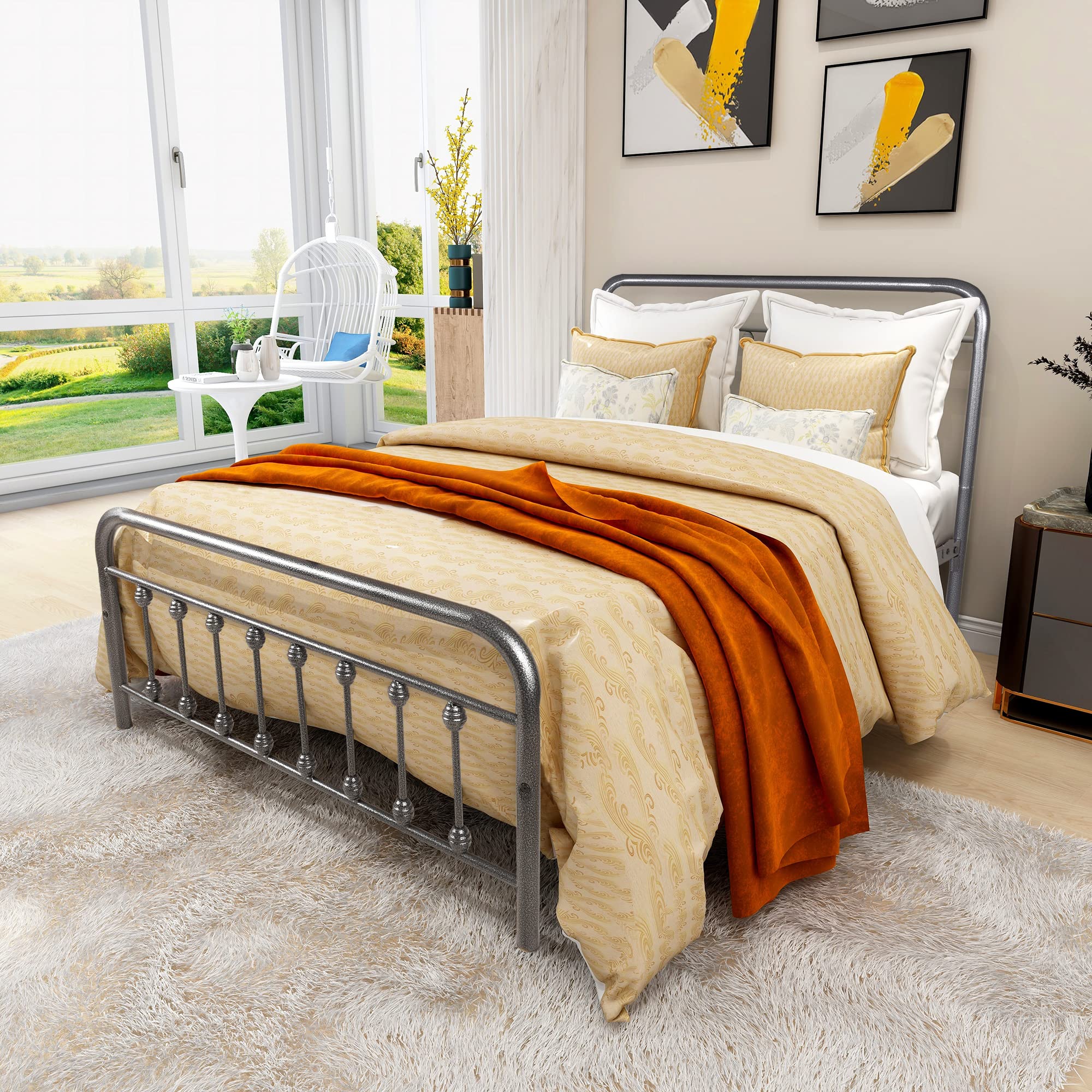 Vintage Full Size Metal Bed Frame with Headboard & Footboard - Sturdy Reinforced Slats for Box Spring Replacement (Gray Black) - Perfect for Guest Rooms, Dormitories & Vintage Style Bedrooms