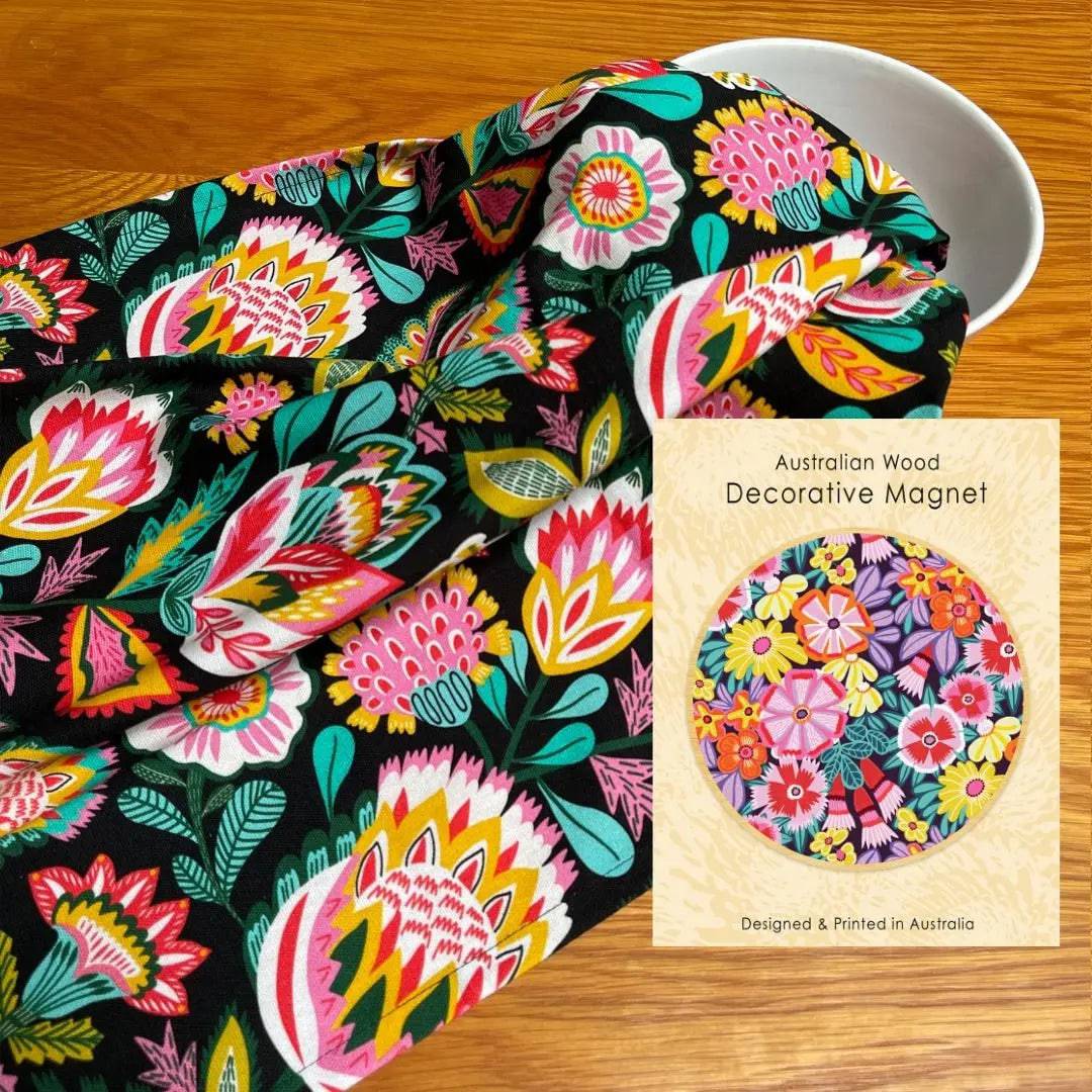 Folk Flowers Tea Towel & Wooden Fridge Magnet Gift Set - Handmade Kitchen Decor, Housewarming Gift for Home, Perfect for Farmhouse Style Kitchens and Rustic Home Decor