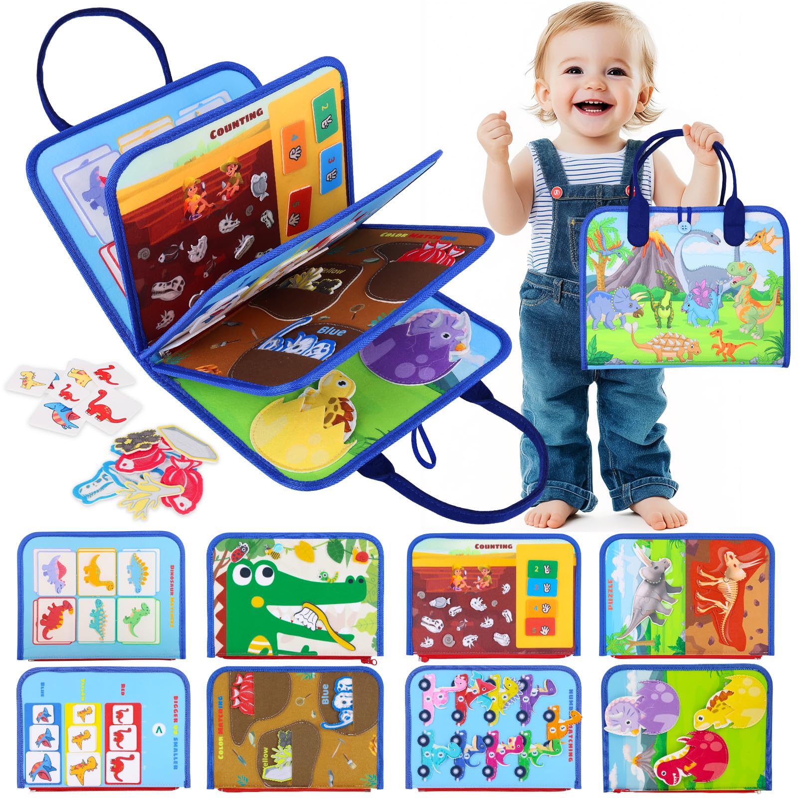 Dinosaur Busy Board - Montessori Sensory Toys for 3 4 5 Year Old Kids, Learning Activity Board for Toddlers with Autism, Fine Motor Skills Development Toy | Perfect Travel Toy for Airplane, Car & Road Trips